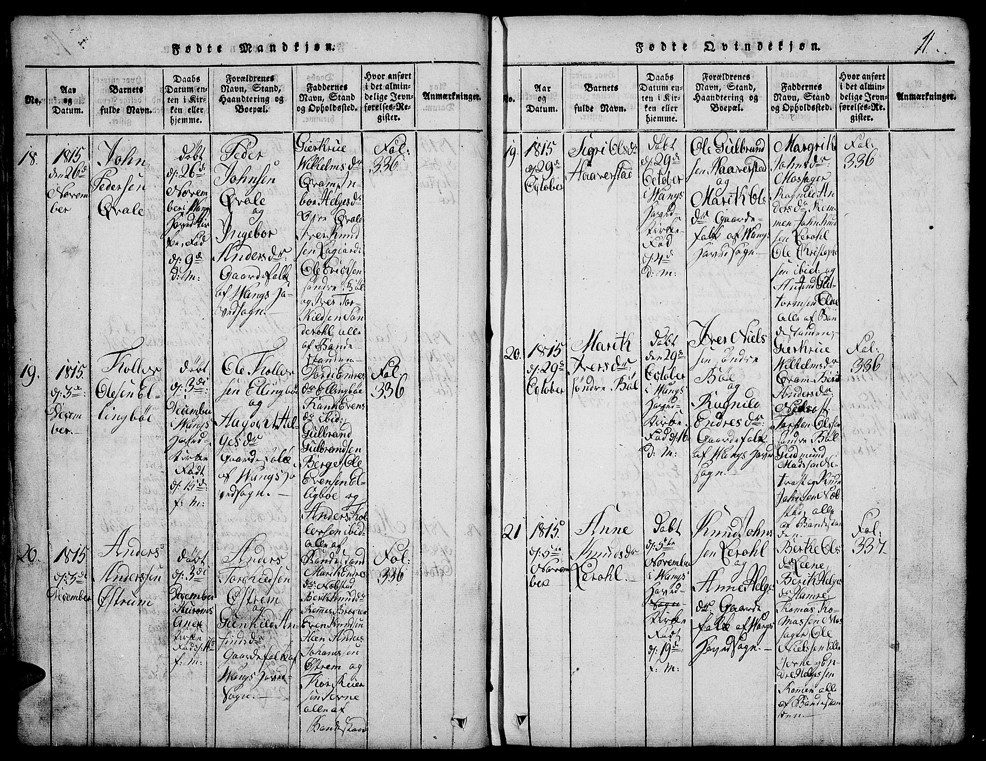 Vang prestekontor, Valdres, SAH/PREST-140/H/Hb/L0002: Parish register (copy) no. 2, 1814-1889, p. 11