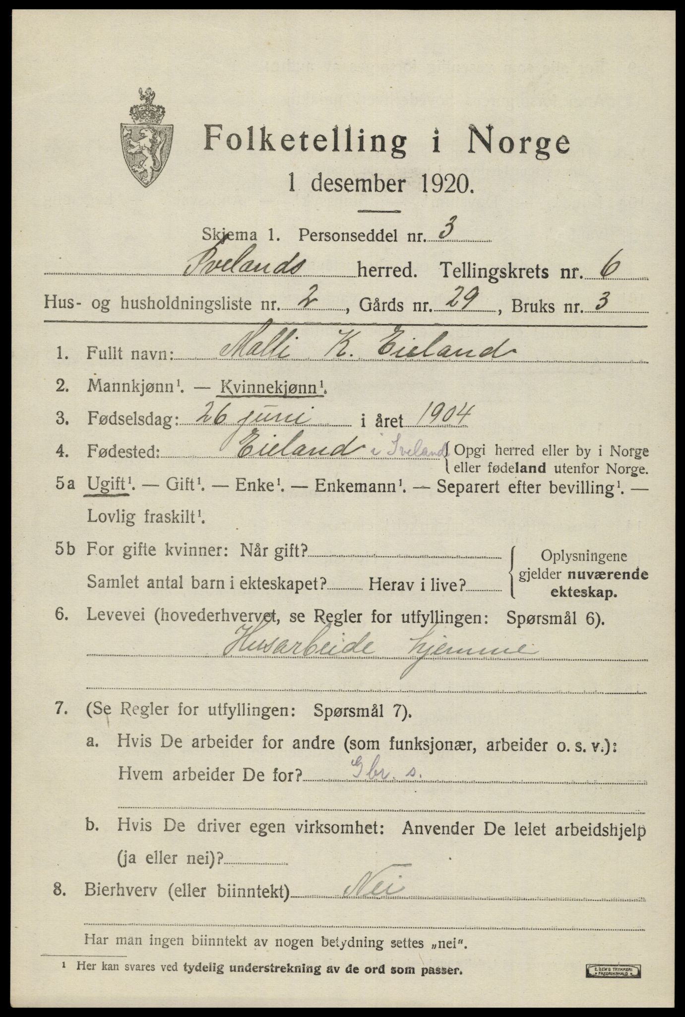 SAK, 1920 census for Iveland, 1920, p. 1957