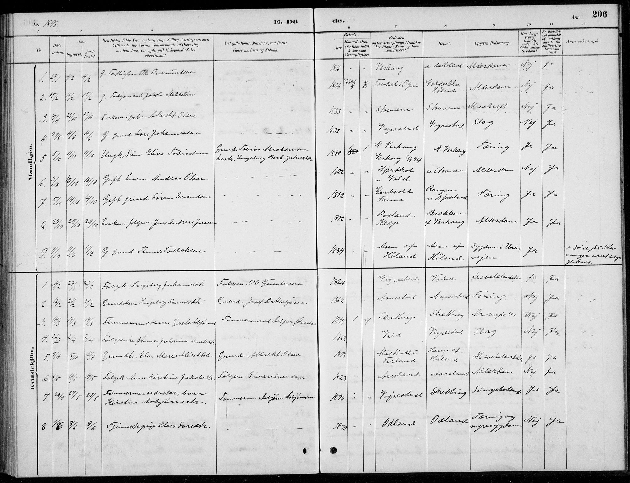 Hå sokneprestkontor, SAST/A-101801/001/30BB/L0004: Parish register (copy) no. B 4, 1883-1899, p. 206