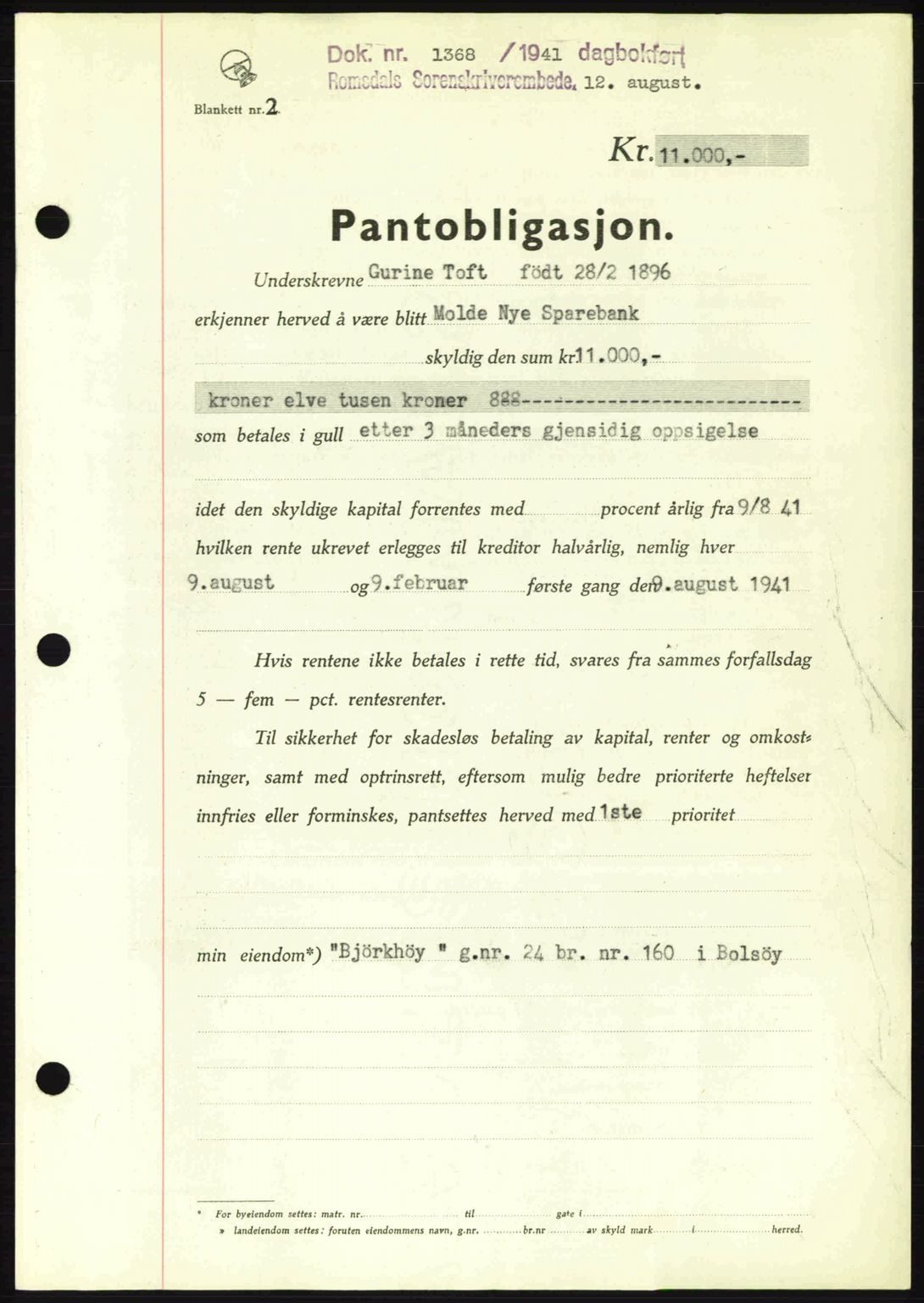 Romsdal sorenskriveri, AV/SAT-A-4149/1/2/2C: Mortgage book no. B2, 1939-1945, Diary no: : 1368/1941