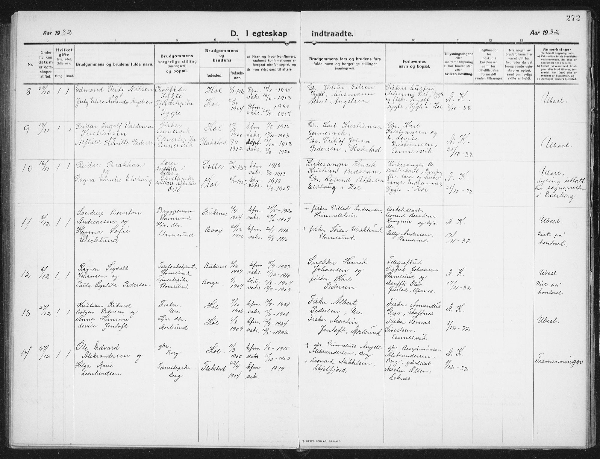 Ministerialprotokoller, klokkerbøker og fødselsregistre - Nordland, AV/SAT-A-1459/882/L1183: Parish register (copy) no. 882C01, 1911-1938, p. 272