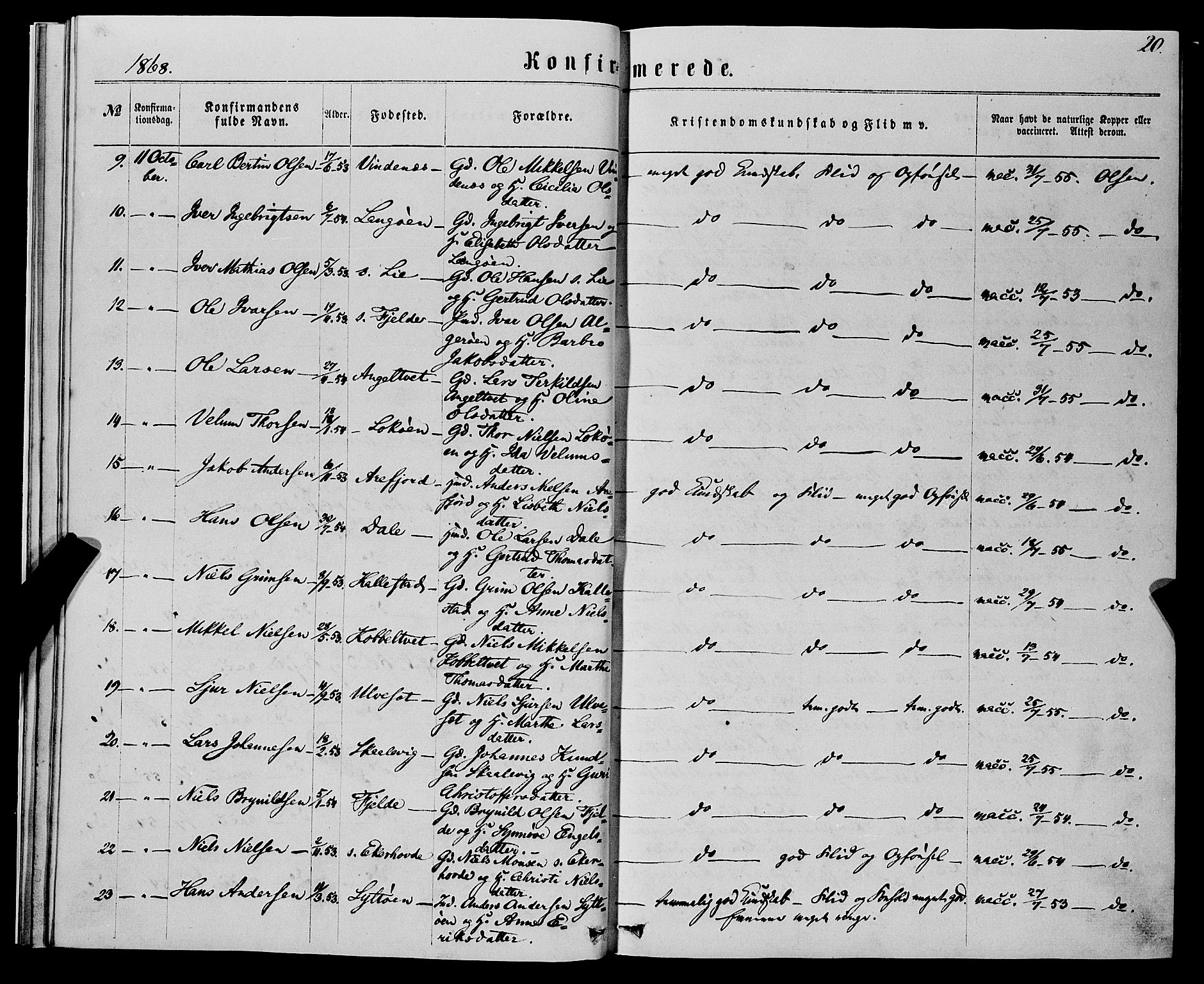 Fjell sokneprestembete, SAB/A-75301/H/Haa: Parish register (official) no. A 5, 1864-1877, p. 20