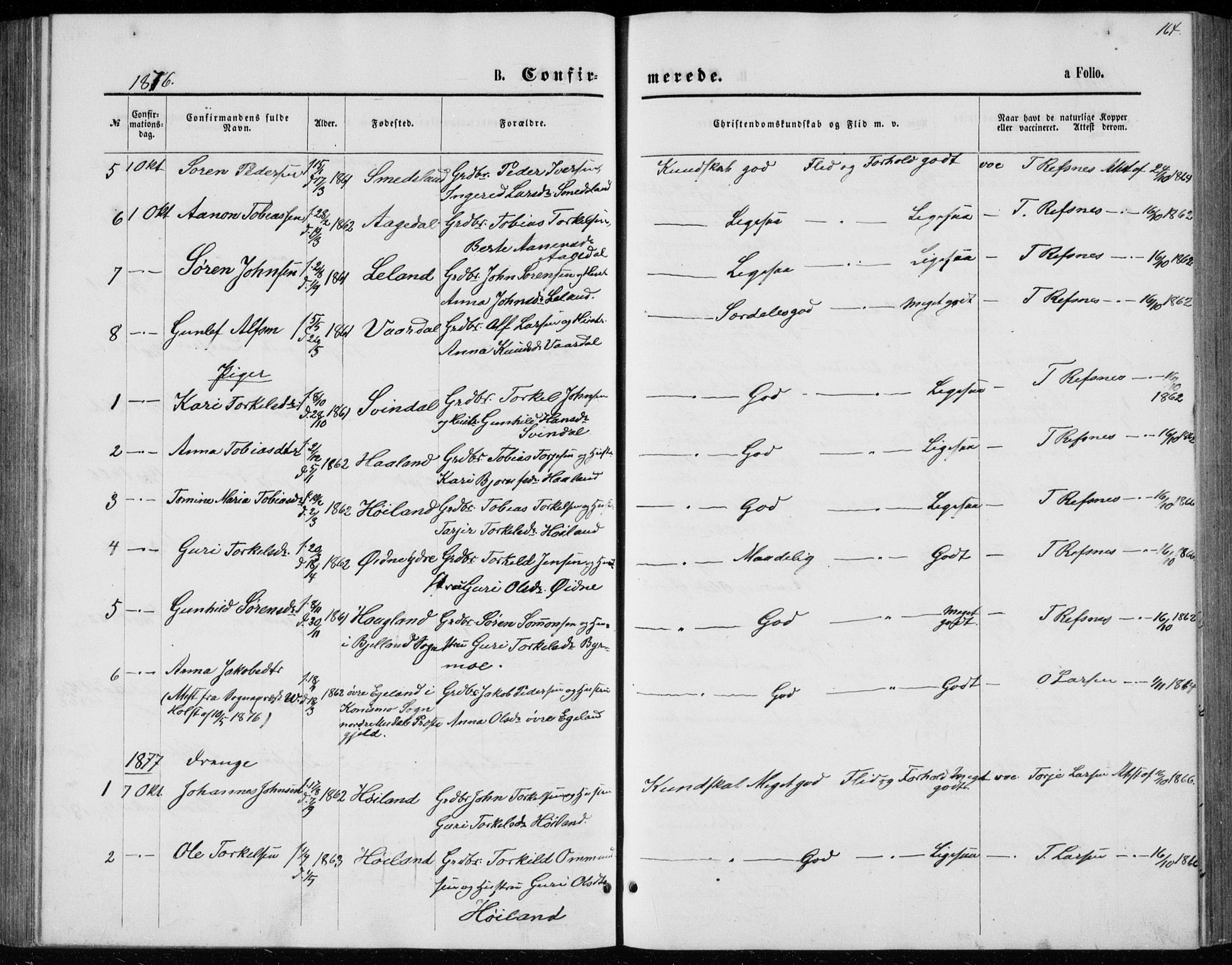 Bjelland sokneprestkontor, SAK/1111-0005/F/Fb/Fbc/L0002: Parish register (copy) no. B 2, 1867-1887, p. 164