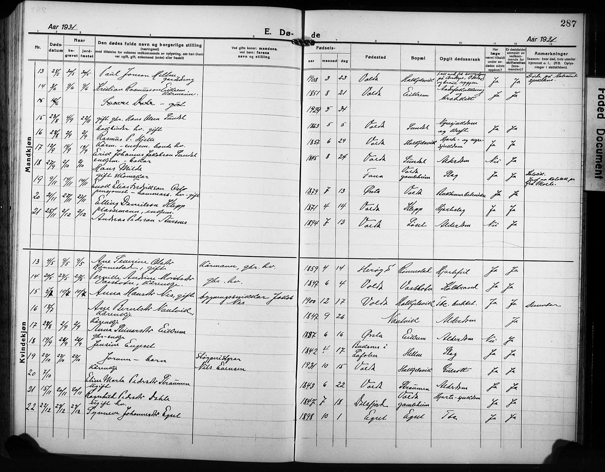 Ministerialprotokoller, klokkerbøker og fødselsregistre - Møre og Romsdal, AV/SAT-A-1454/511/L0160: Parish register (copy) no. 511C06, 1920-1932, p. 287