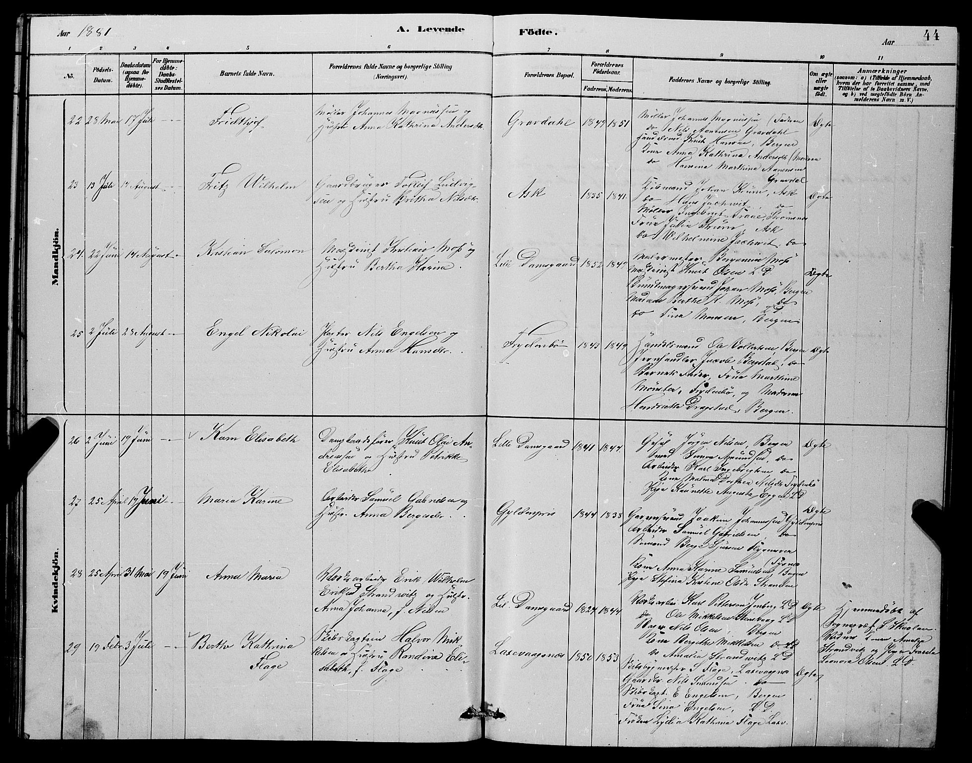 Laksevåg Sokneprestembete, AV/SAB-A-76501/H/Ha/Hab/Haba/L0002: Parish register (copy) no. A 2, 1877-1887, p. 44