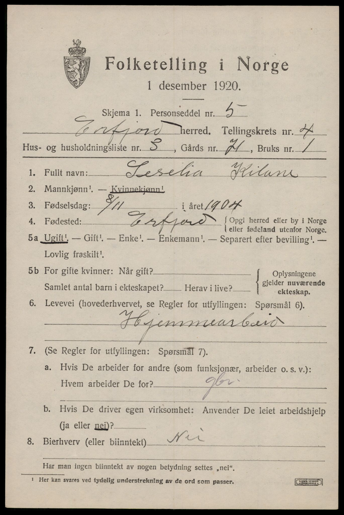 SAST, 1920 census for Erfjord, 1920, p. 1291