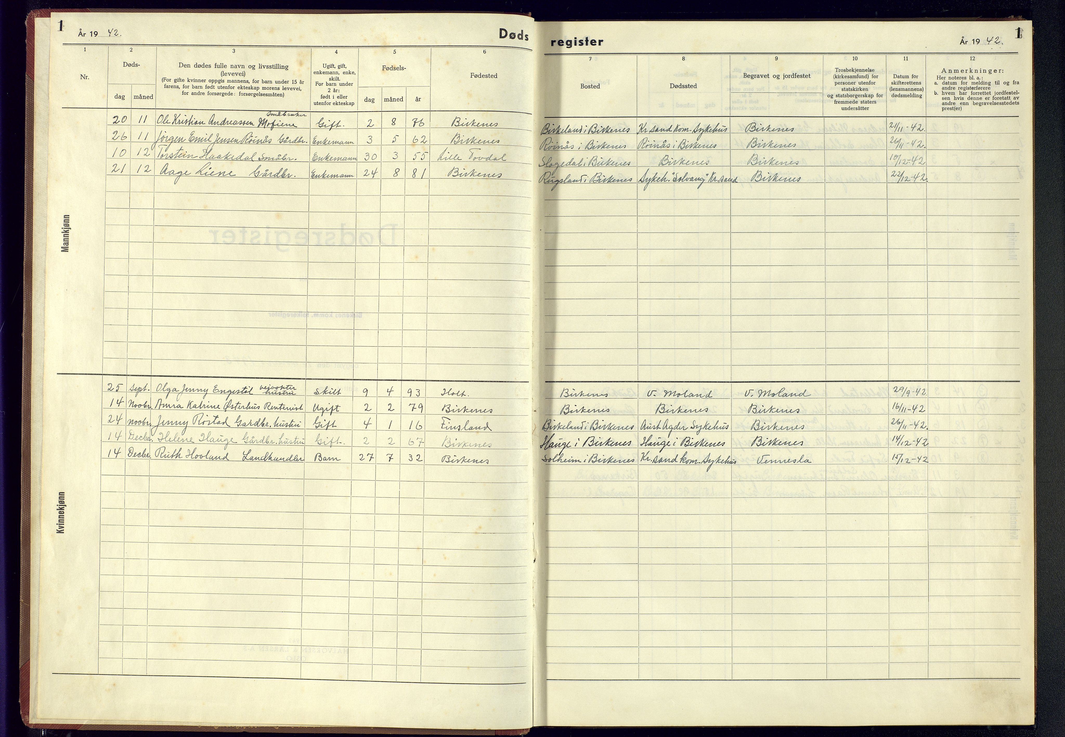 Birkenes sokneprestkontor, SAK/1111-0004/J/Jb/L0003: II.6.3 - Dødsfallsregister, 1943-1955, p. 1
