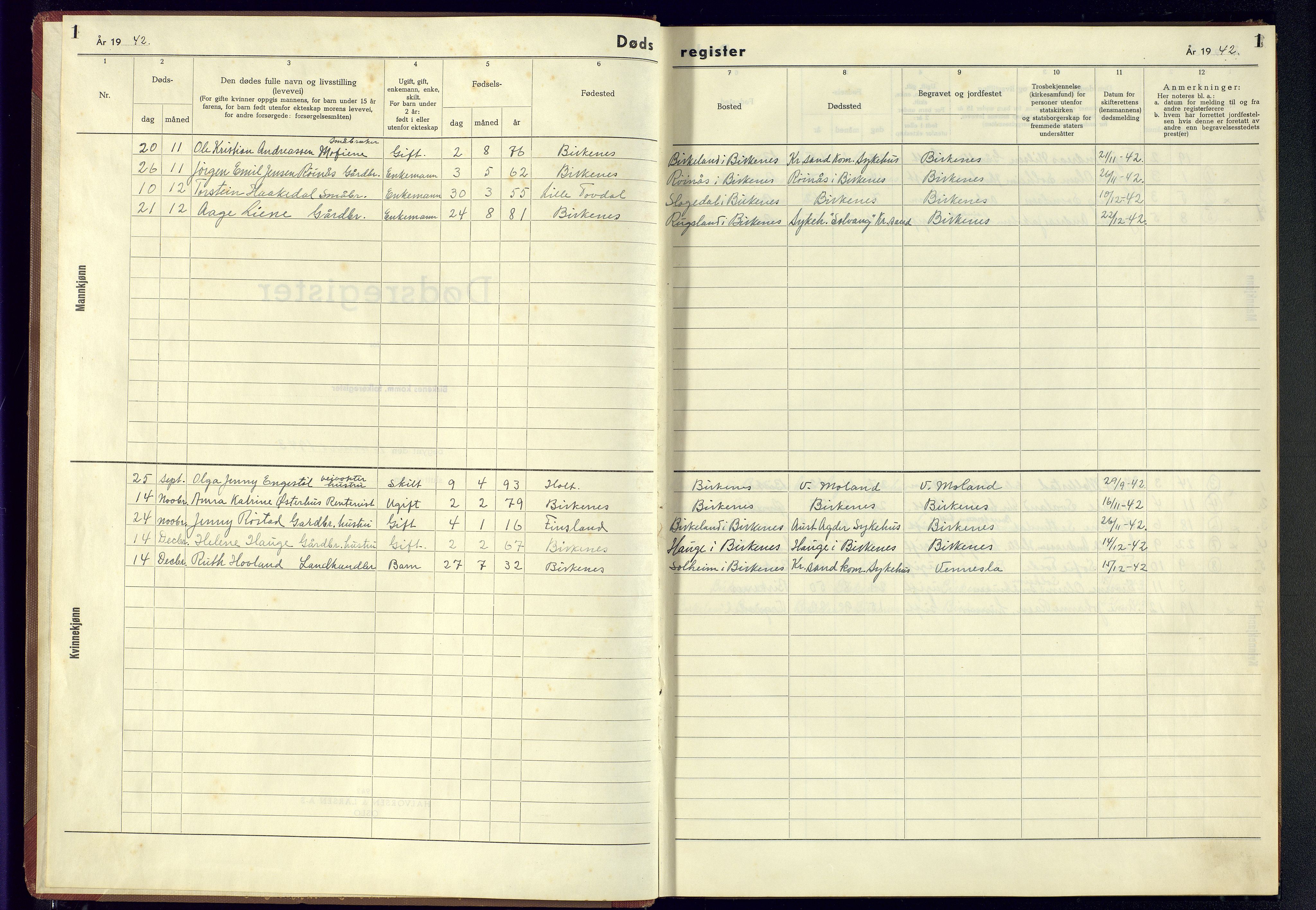 Birkenes sokneprestkontor, AV/SAK-1111-0004/J/Jb/L0003: II.6.3 - Dødsfallsregister, 1943-1955, p. 1