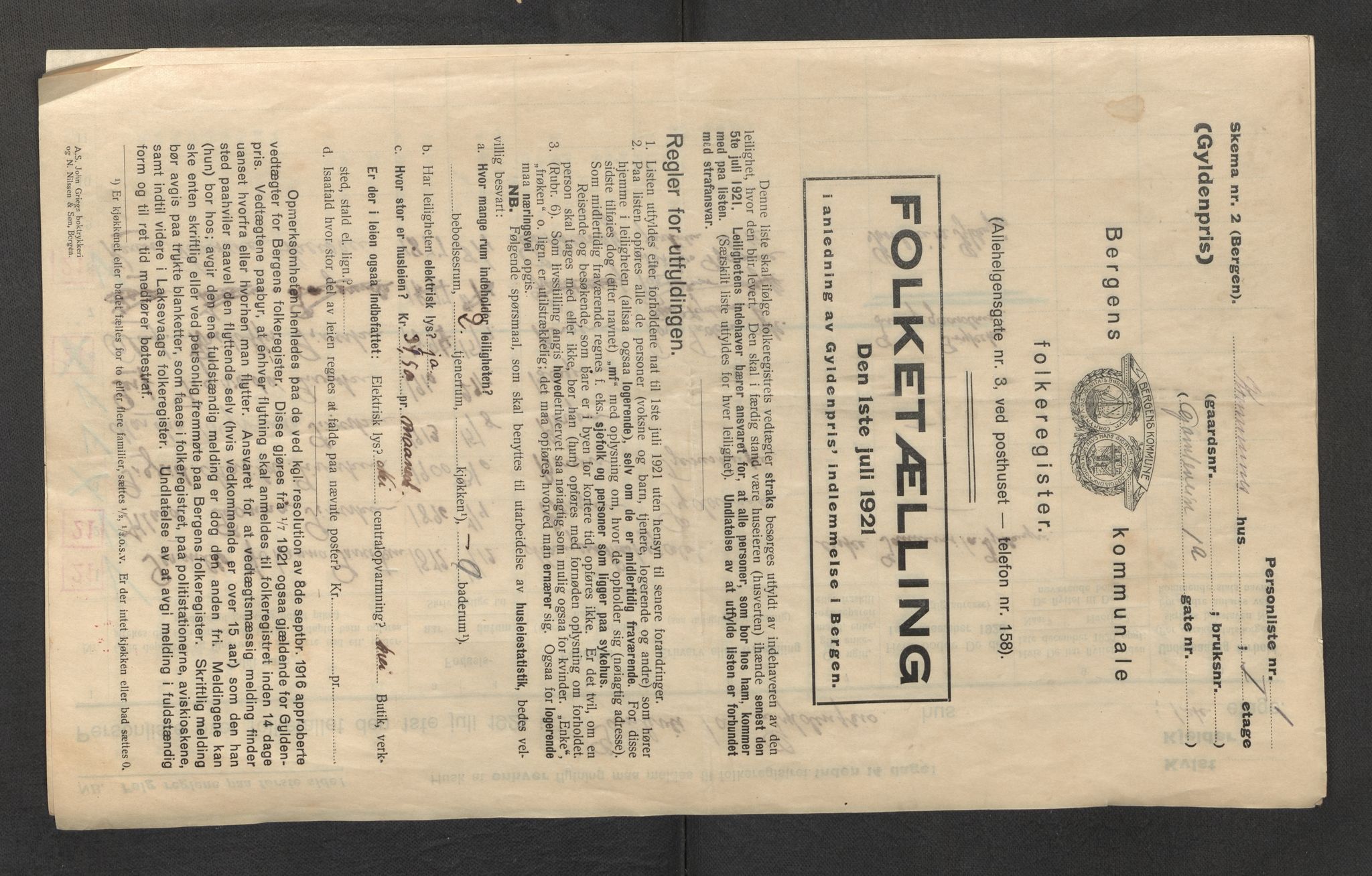 SAB, Municipal Census 1921 for the Gyldenpris area of Bergen, 1921, p. 3