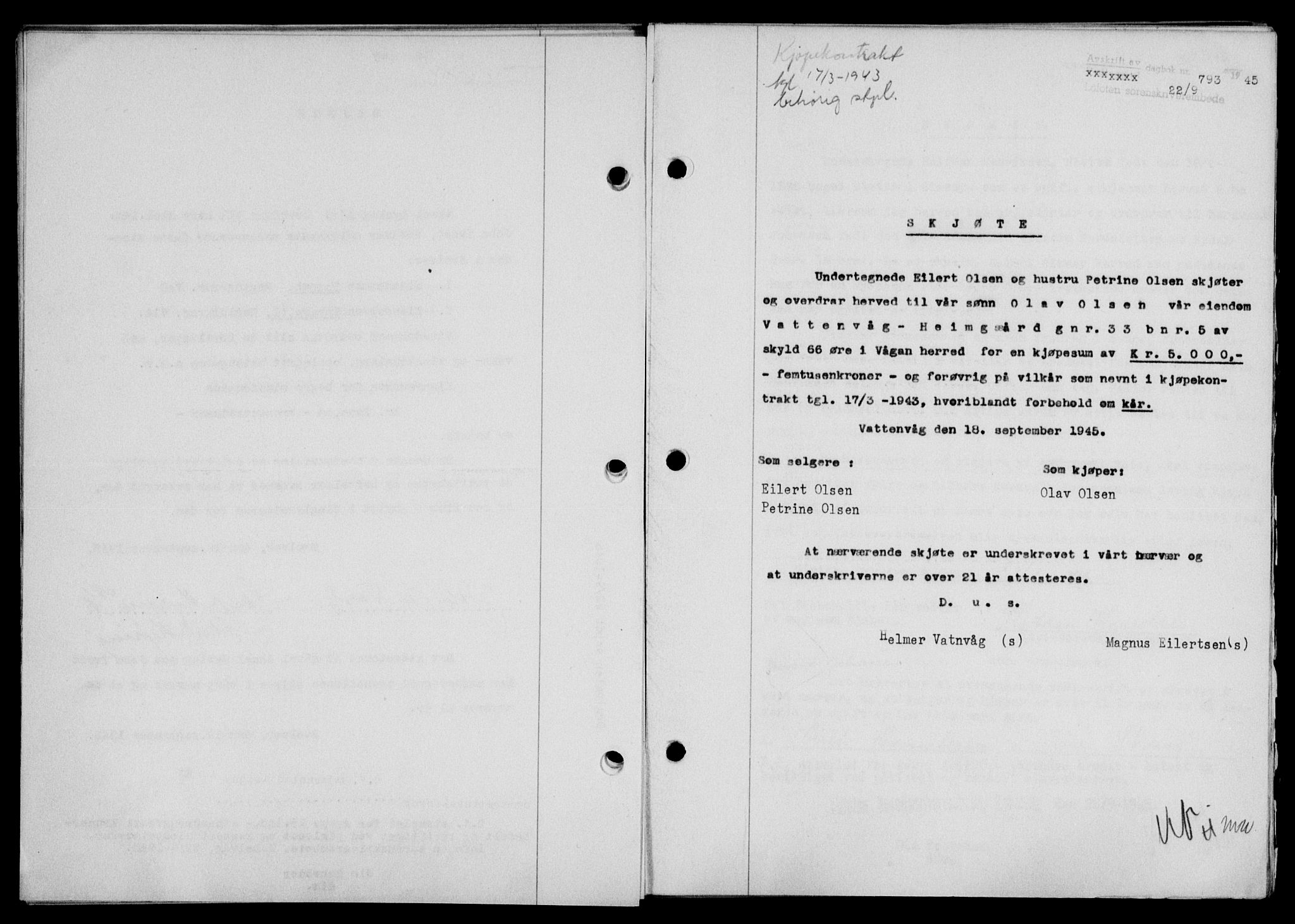 Lofoten sorenskriveri, SAT/A-0017/1/2/2C/L0013a: Mortgage book no. 13a, 1944-1946, Diary no: : 793/1945