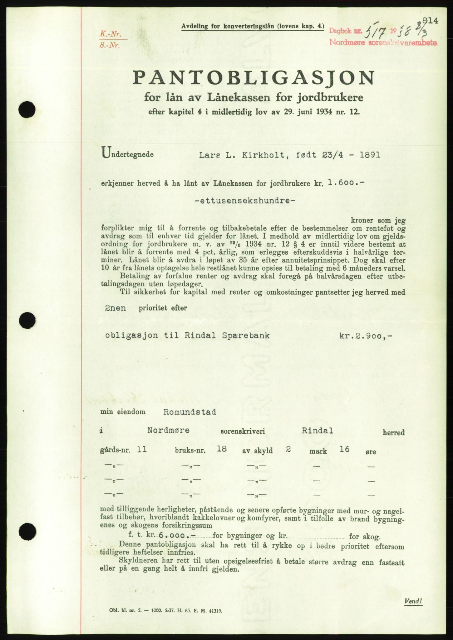 Nordmøre sorenskriveri, AV/SAT-A-4132/1/2/2Ca/L0092: Mortgage book no. B82, 1937-1938, Diary no: : 517/1938