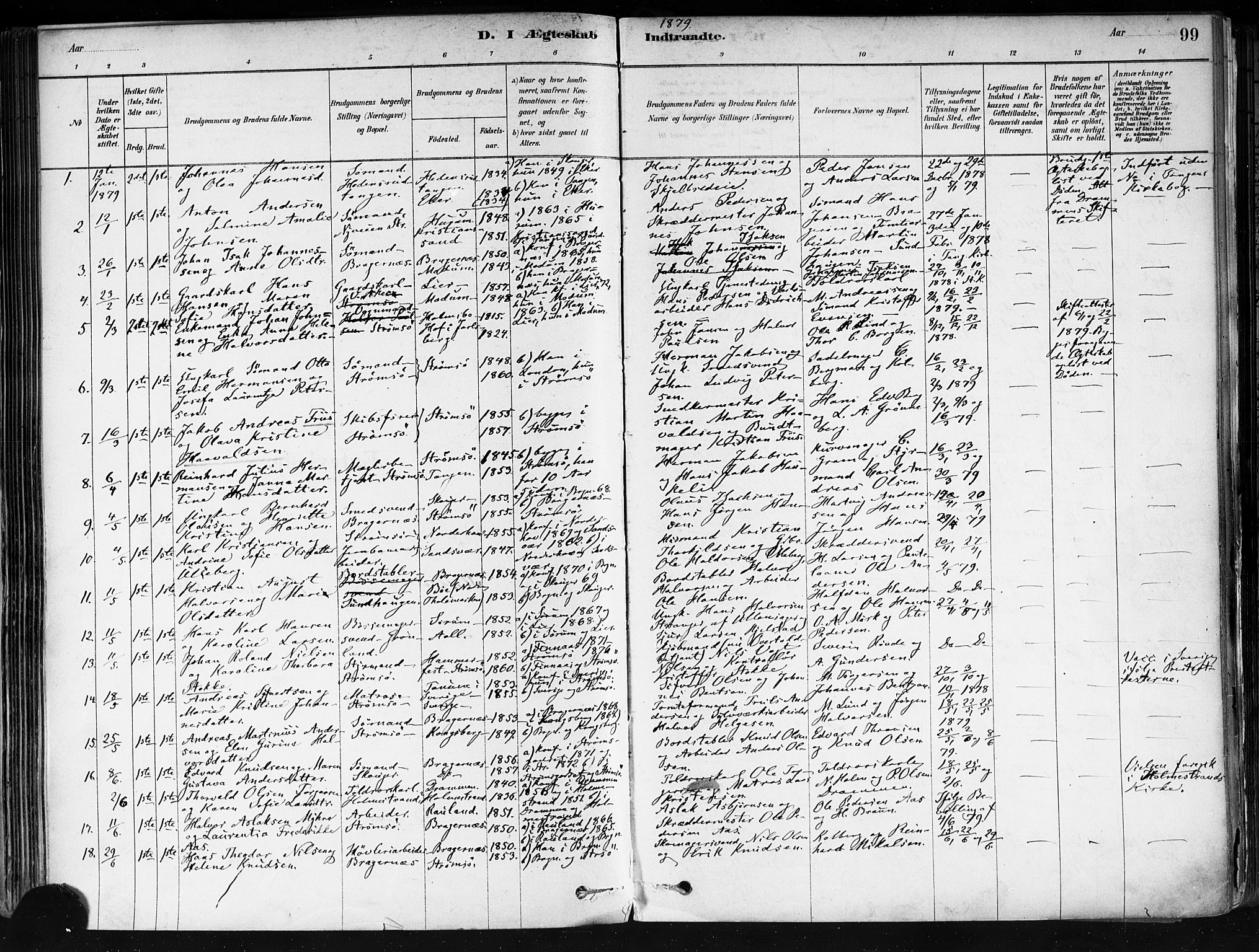 Strømsø kirkebøker, AV/SAKO-A-246/F/Fa/L0022: Parish register (official) no. I 22, 1879-1899, p. 99