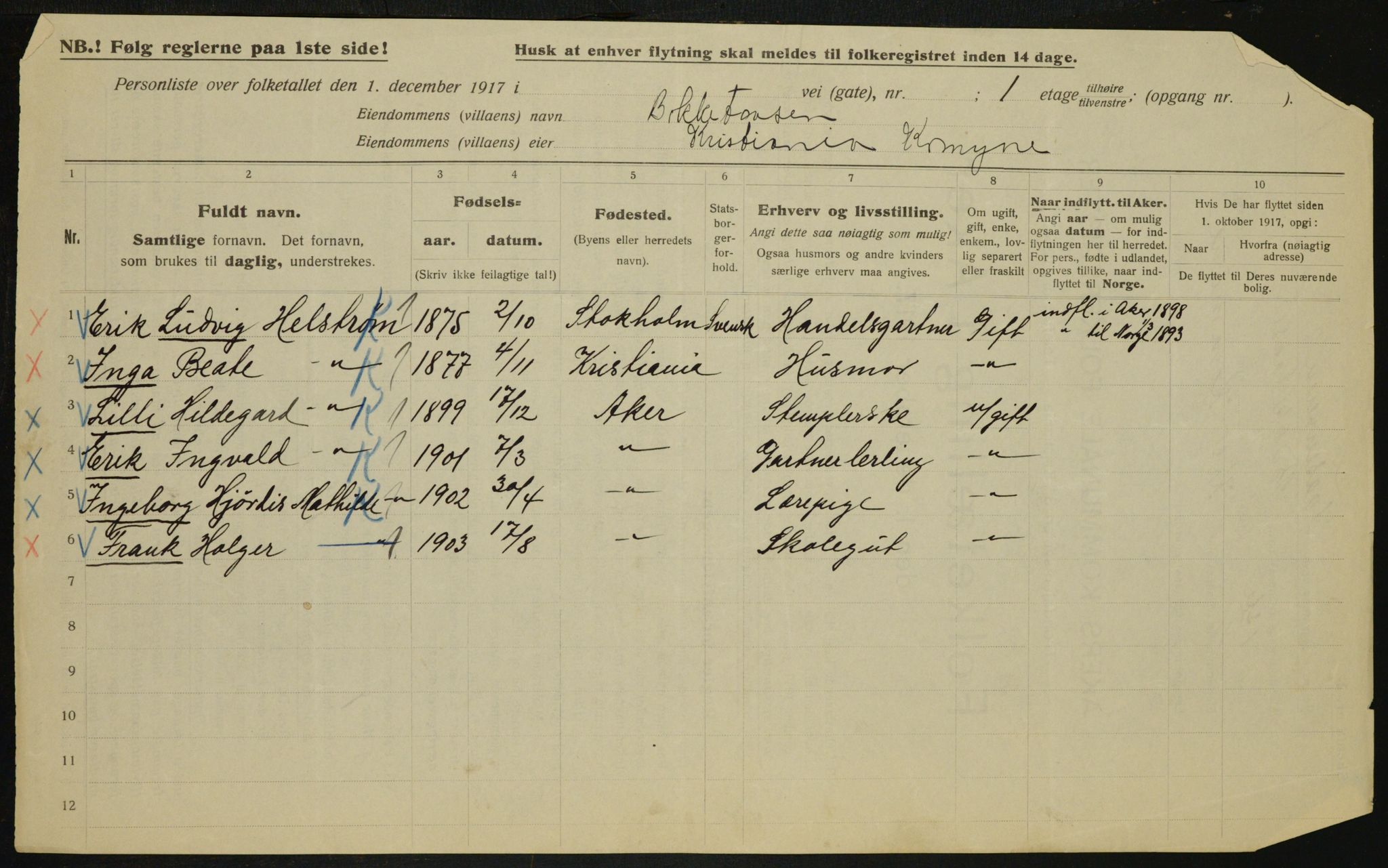 OBA, Municipal Census 1917 for Aker, 1917, p. 11691