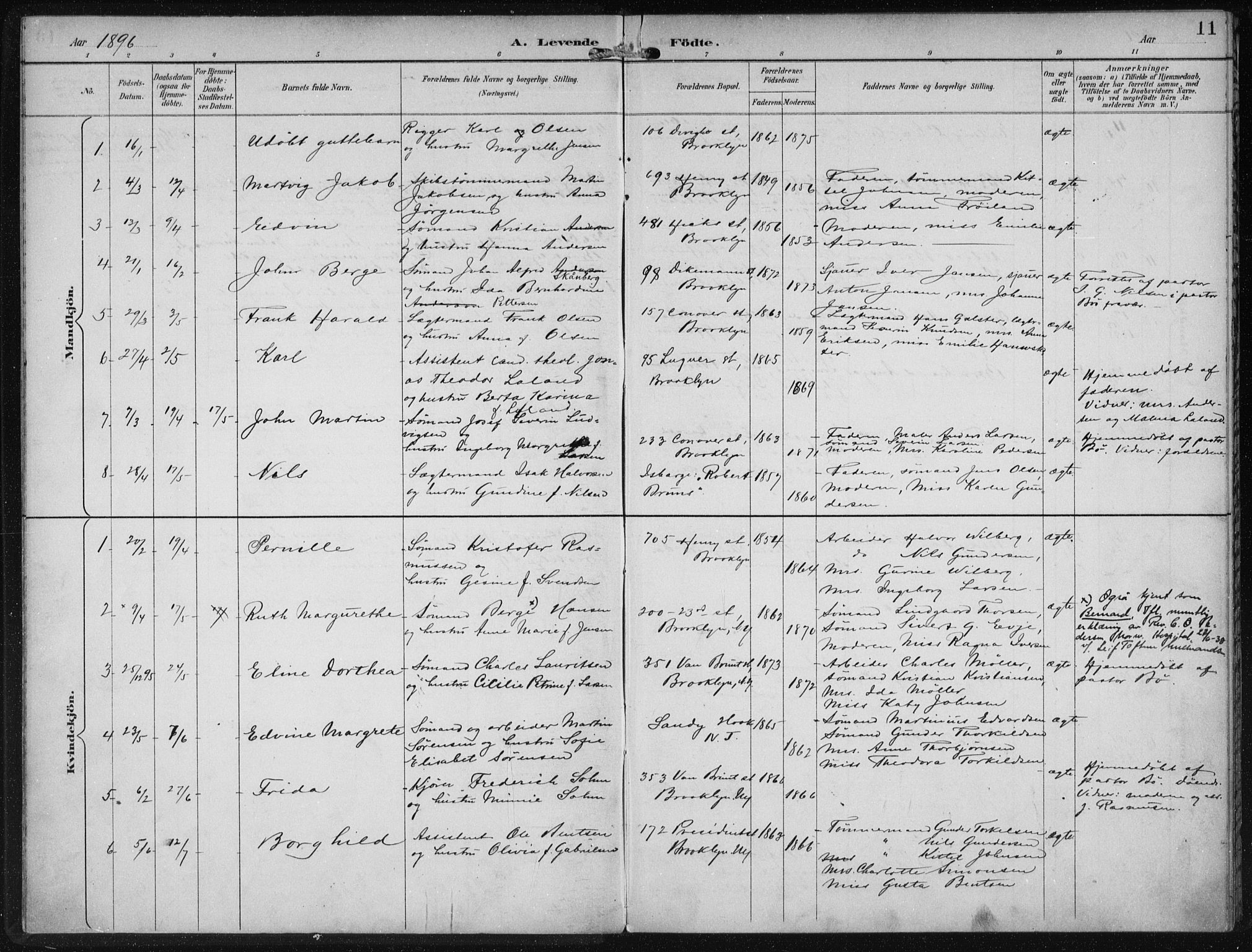 Den norske sjømannsmisjon i utlandet/New York, SAB/SAB/PA-0110/H/Ha/L0004: Parish register (official) no. A 4, 1893-1901, p. 11