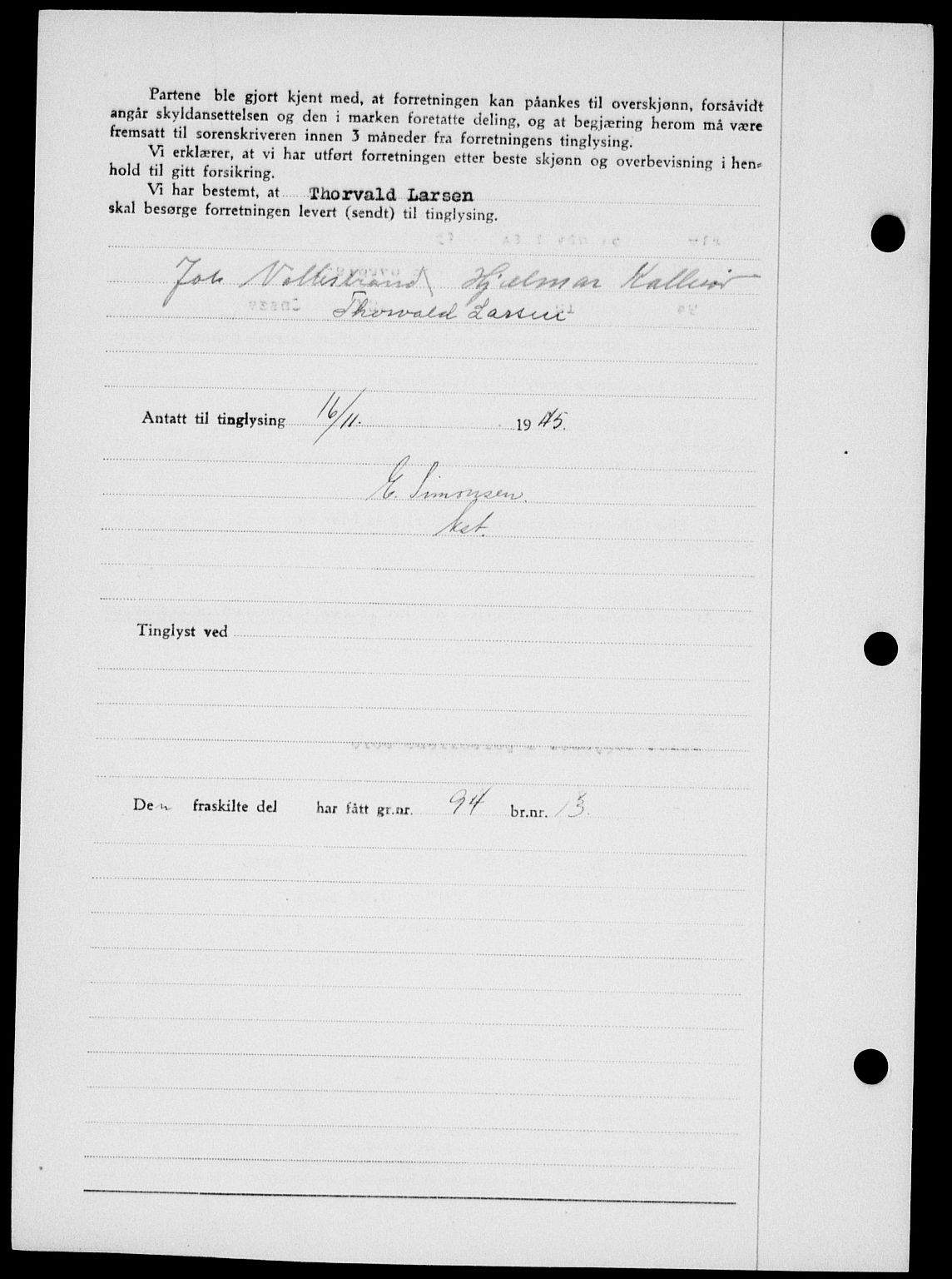 Onsøy sorenskriveri, SAO/A-10474/G/Ga/Gab/L0015: Mortgage book no. II A-15, 1945-1946, Diary no: : 1526/1945