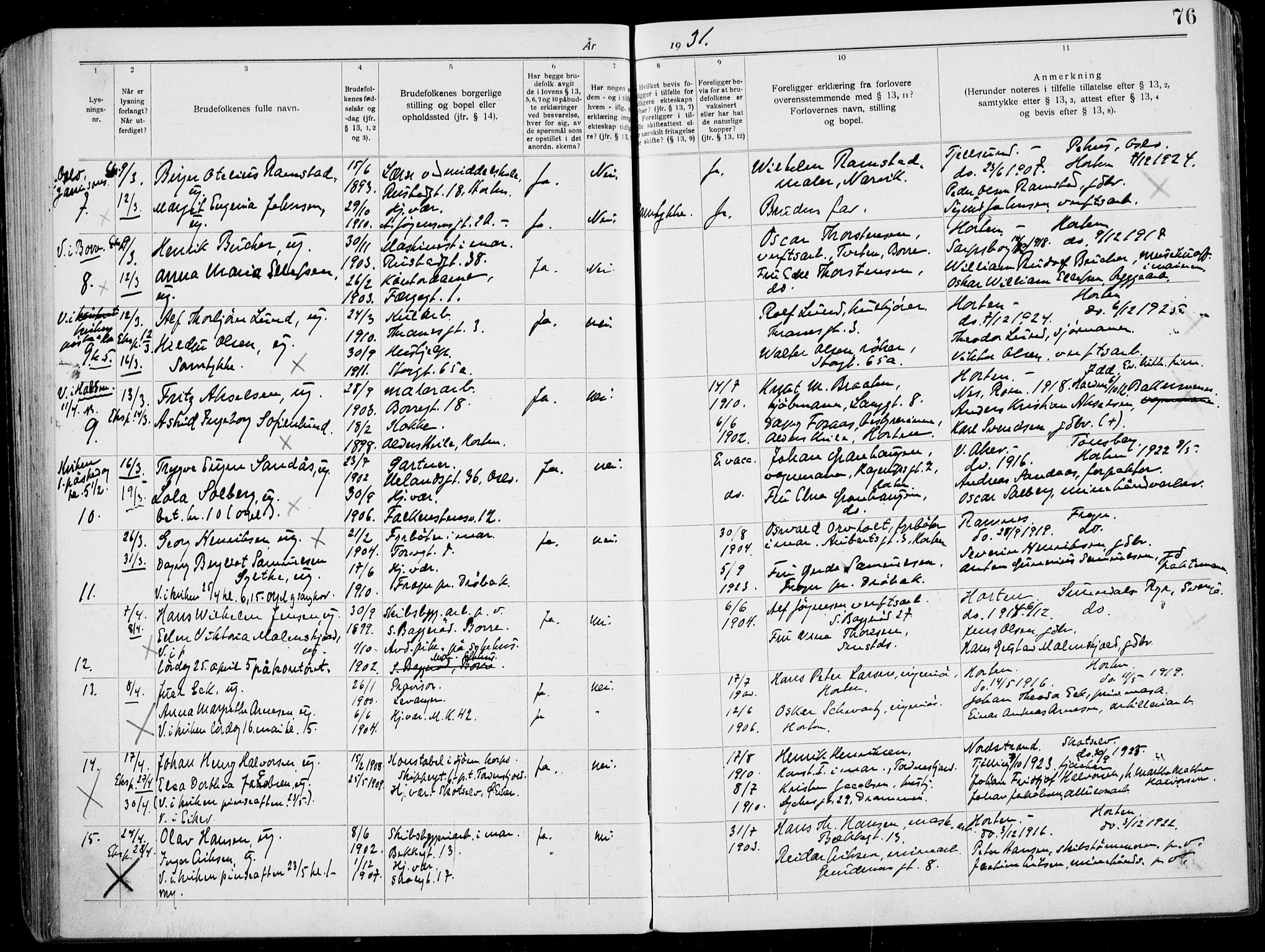 Horten kirkebøker, AV/SAKO-A-348/H/Ha/L0006: Banns register no. 6, 1920-1934, p. 76