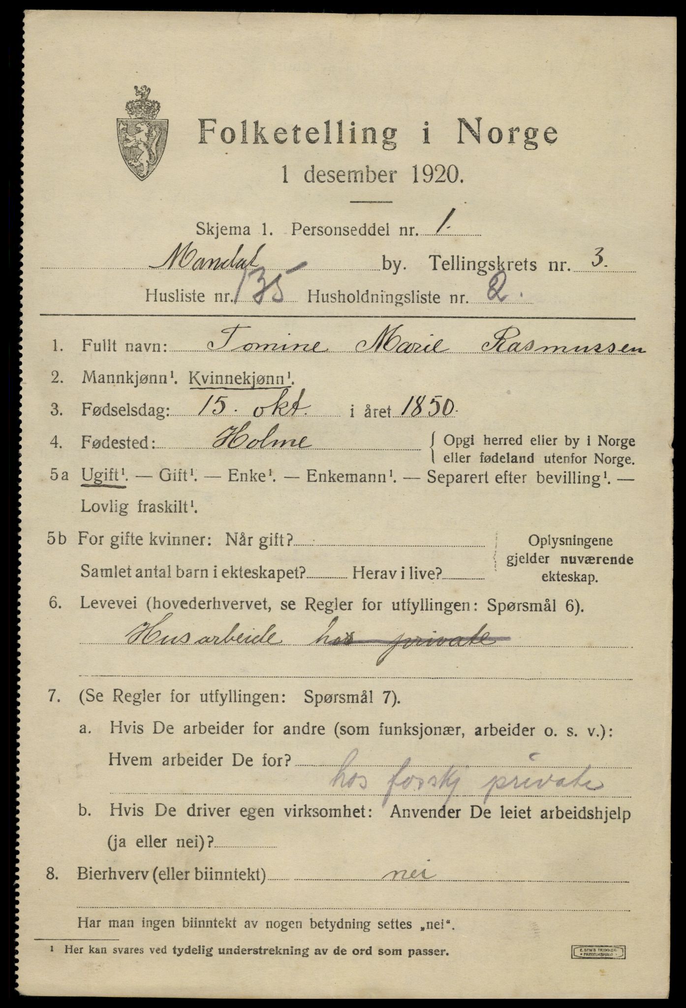 SAK, 1920 census for Mandal, 1920, p. 7007