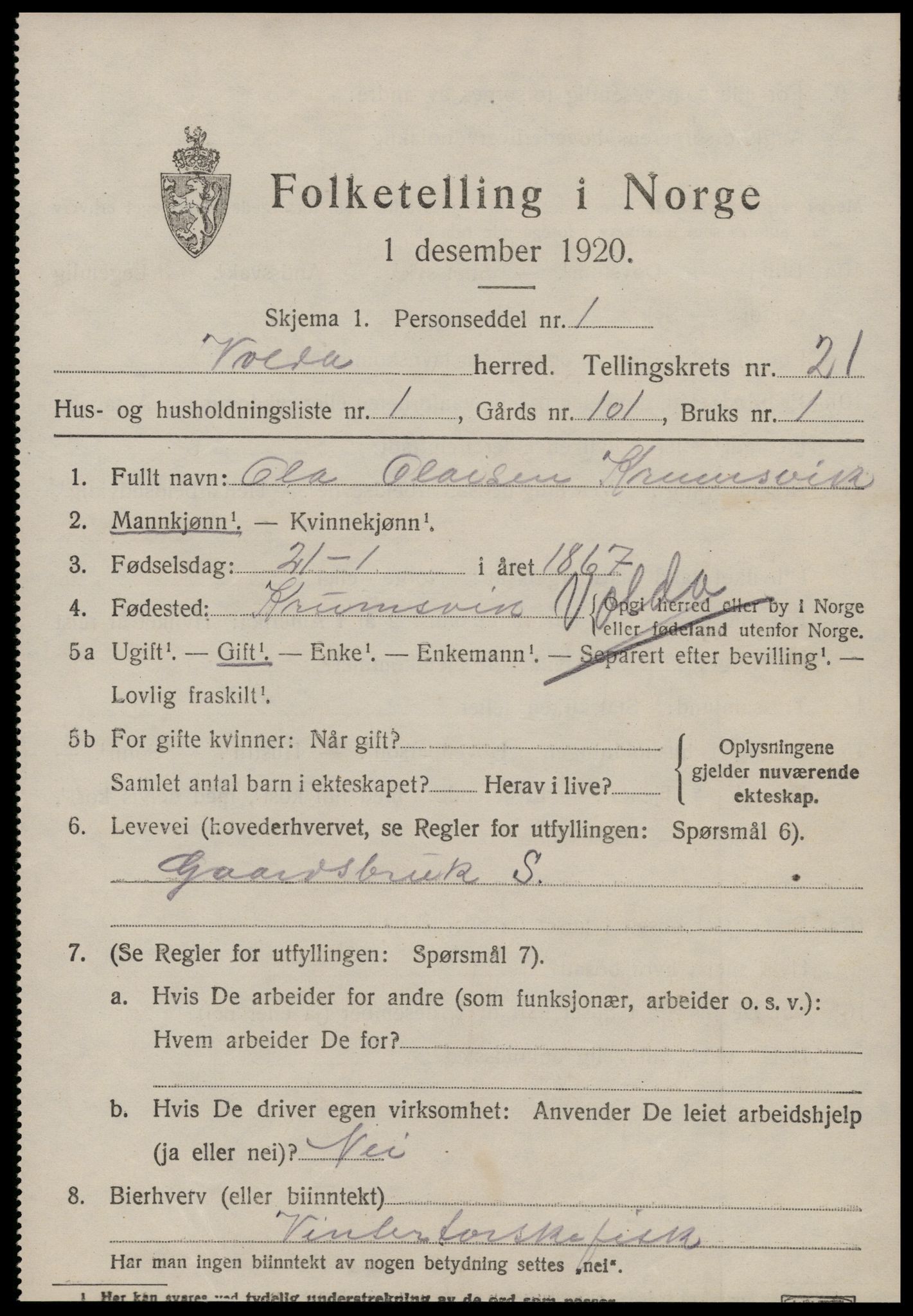 SAT, 1920 census for Volda, 1920, p. 10928