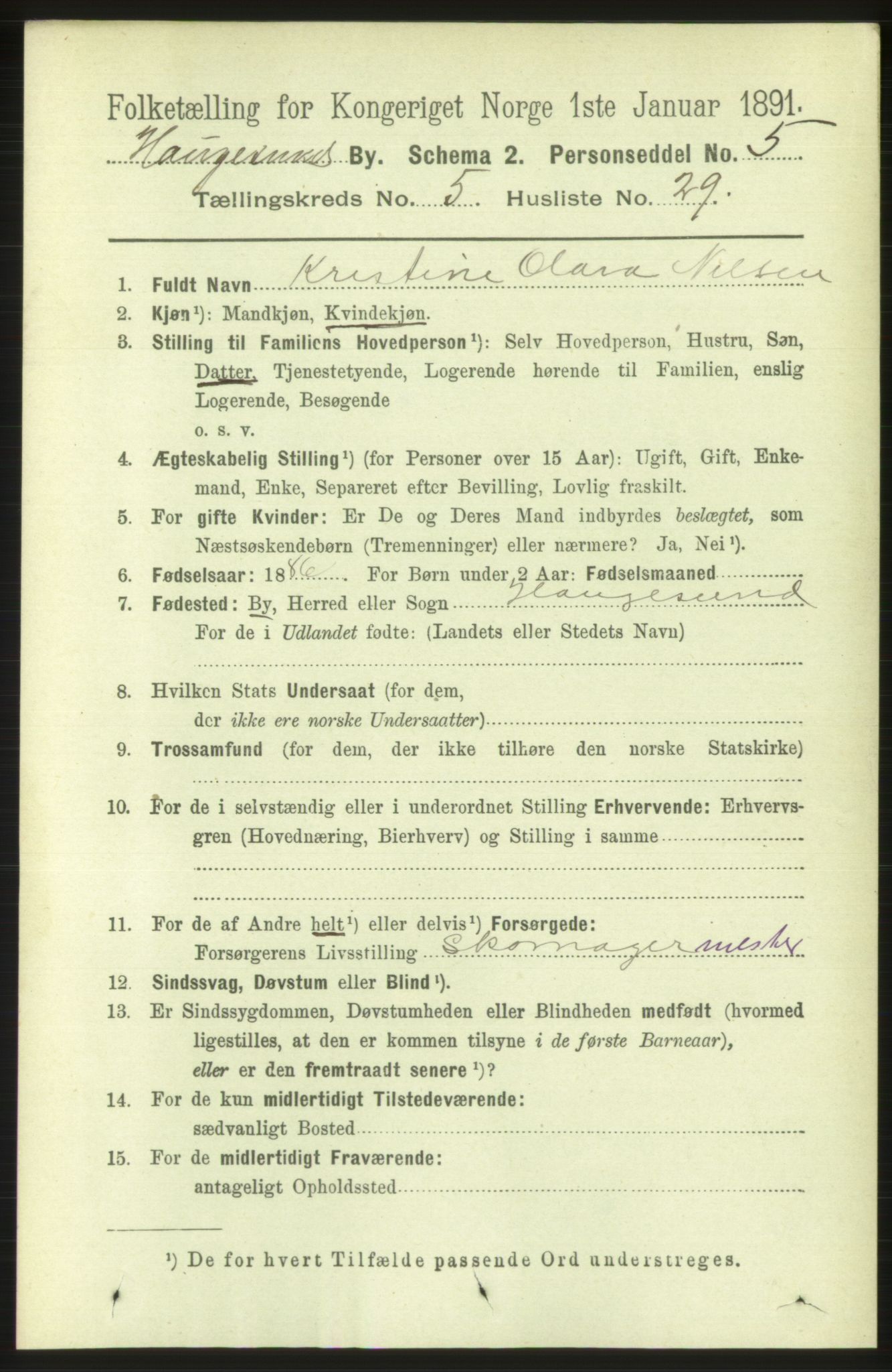 RA, 1891 census for 1106 Haugesund, 1891, p. 2523