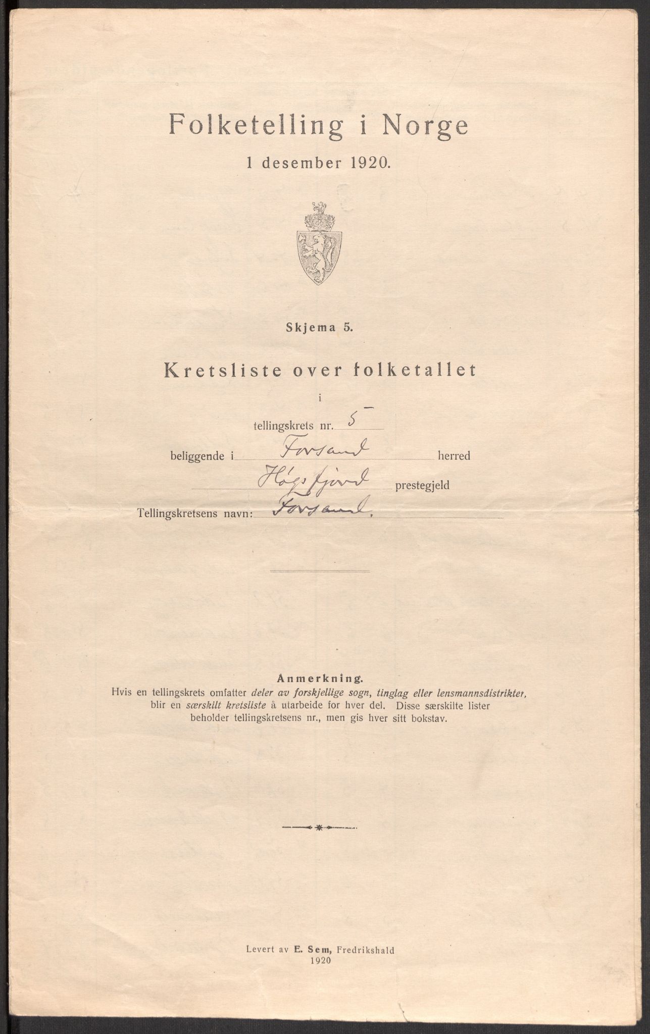 SAST, 1920 census for Forsand, 1920, p. 20