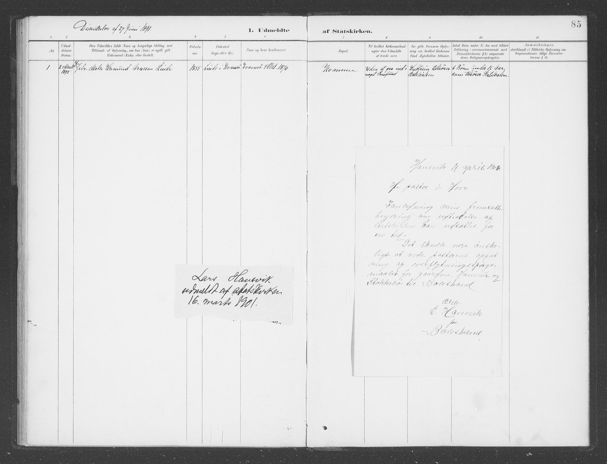 Vik sokneprestembete, AV/SAB-A-81501/H/Haa/Haad/L0002: Parish register (official) no. D  2, 1891-1907, p. 85