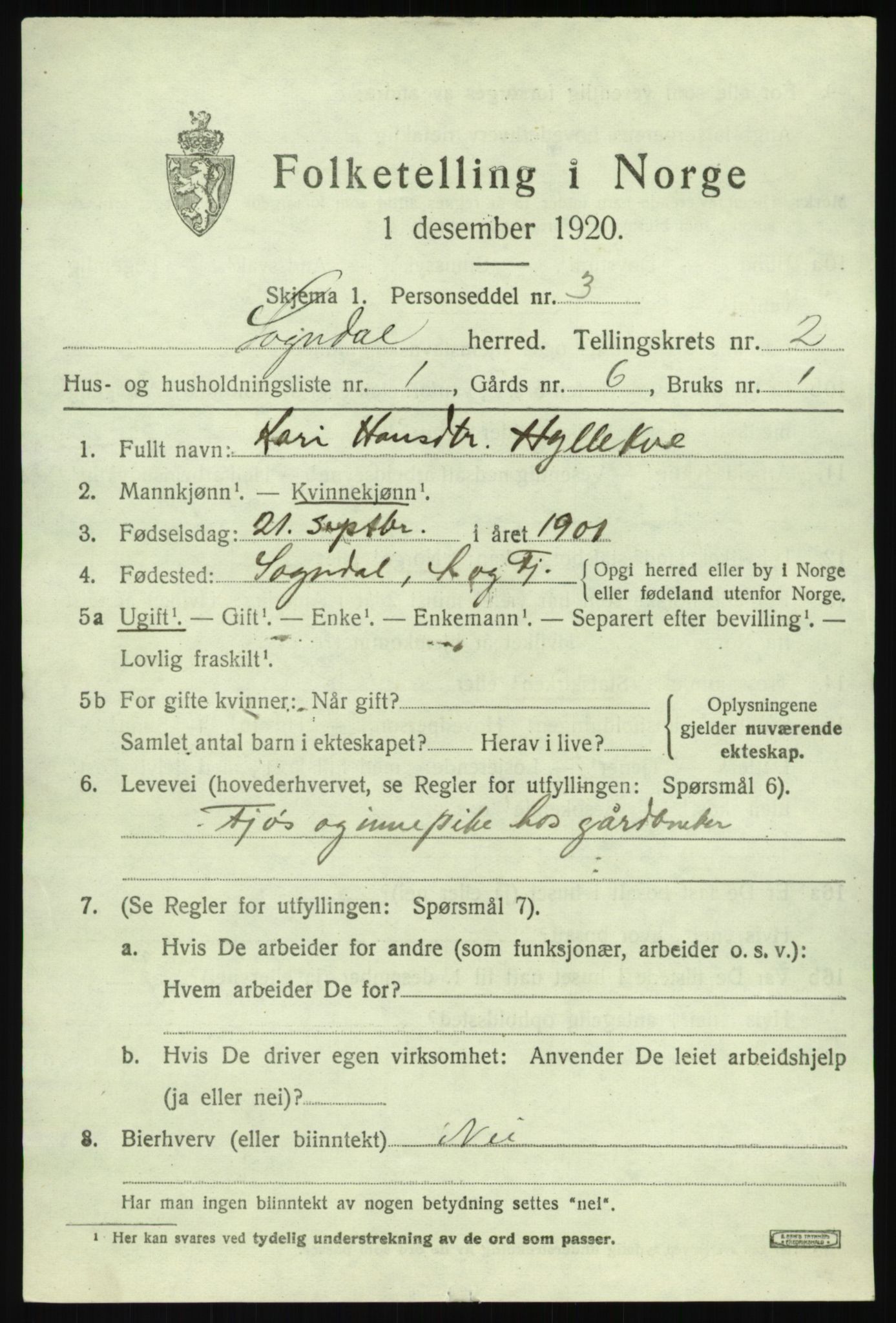 SAB, 1920 census for Sogndal, 1920, p. 1655