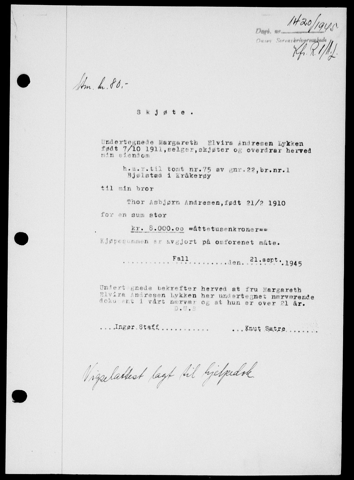 Onsøy sorenskriveri, SAO/A-10474/G/Ga/Gab/L0015: Mortgage book no. II A-15, 1945-1946, Diary no: : 1420/1945