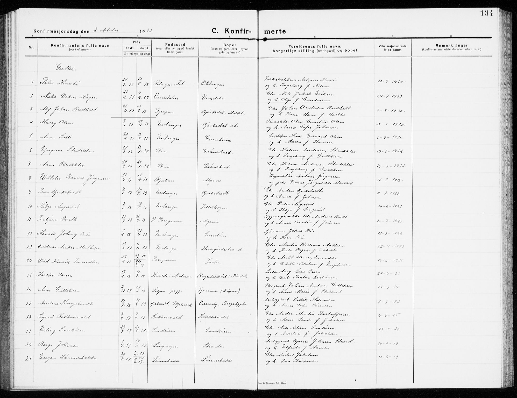 Eidanger kirkebøker, SAKO/A-261/G/Ga/L0005: Parish register (copy) no. 5, 1928-1942, p. 134