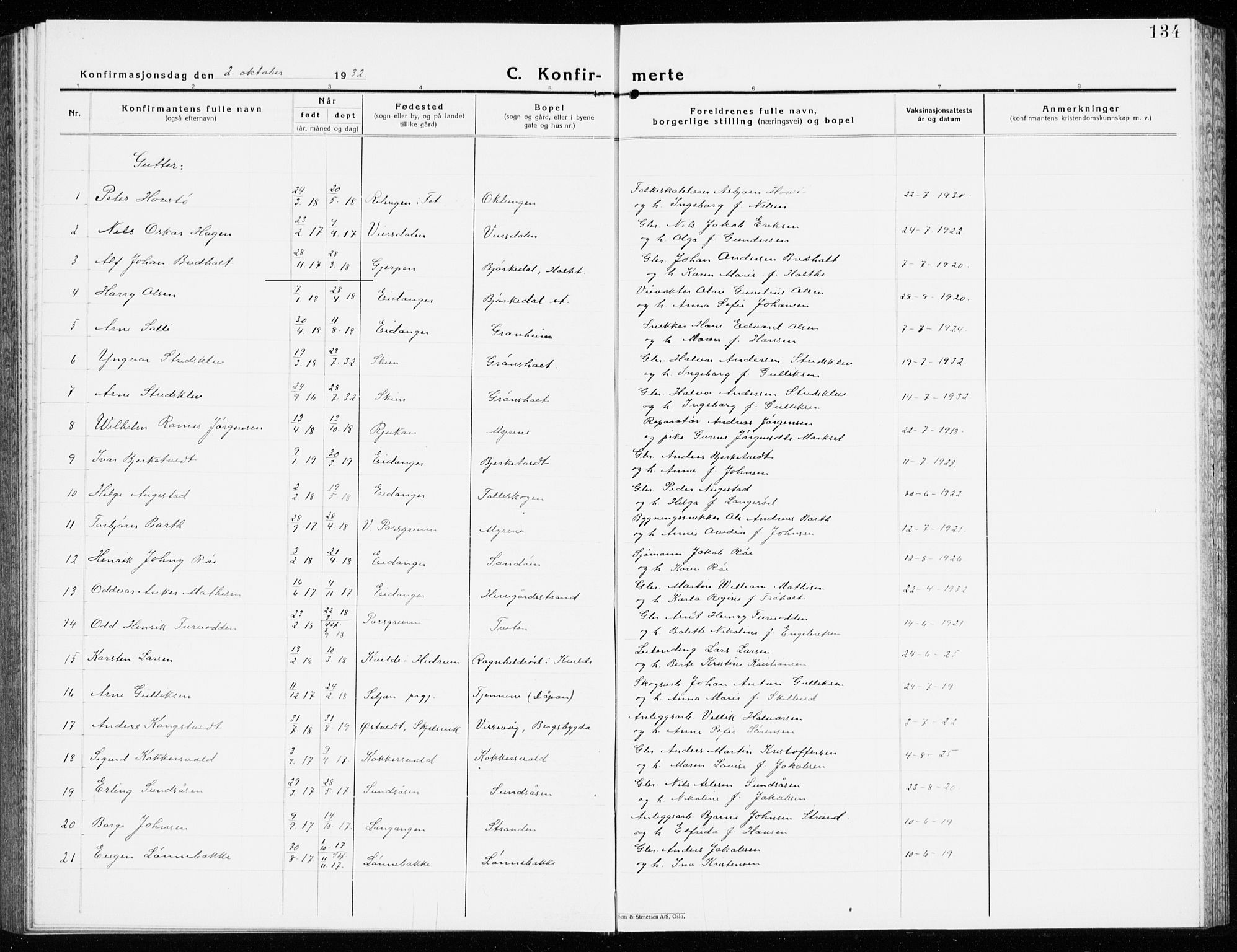 Eidanger kirkebøker, AV/SAKO-A-261/G/Ga/L0005: Parish register (copy) no. 5, 1928-1942, p. 134