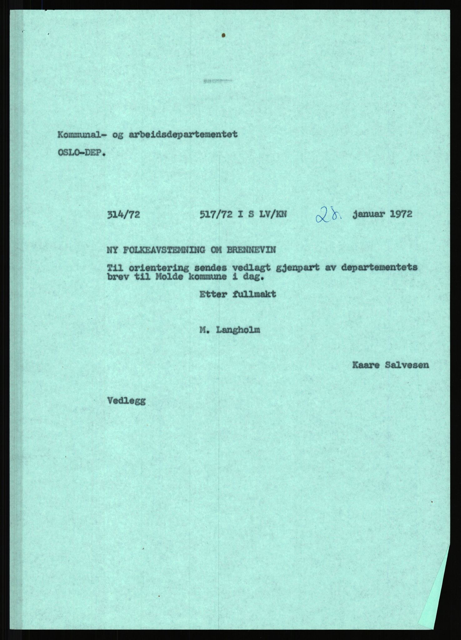 Sosialdepartementet, 2. sosialkontor D (1948-1975), AV/RA-S-3455/D/Da/L0116/0002: -- / Brennevinsavstemning i Molde kommune, 1970-1972, p. 3