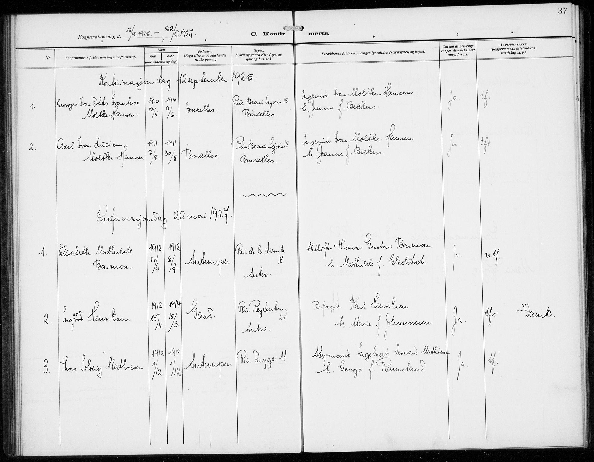 Den norske sjømannsmisjon i utlandet/Antwerpen, AV/SAB-SAB/PA-0105/H/Ha/L0003: Parish register (official) no. A 3, 1914-1930, p. 37