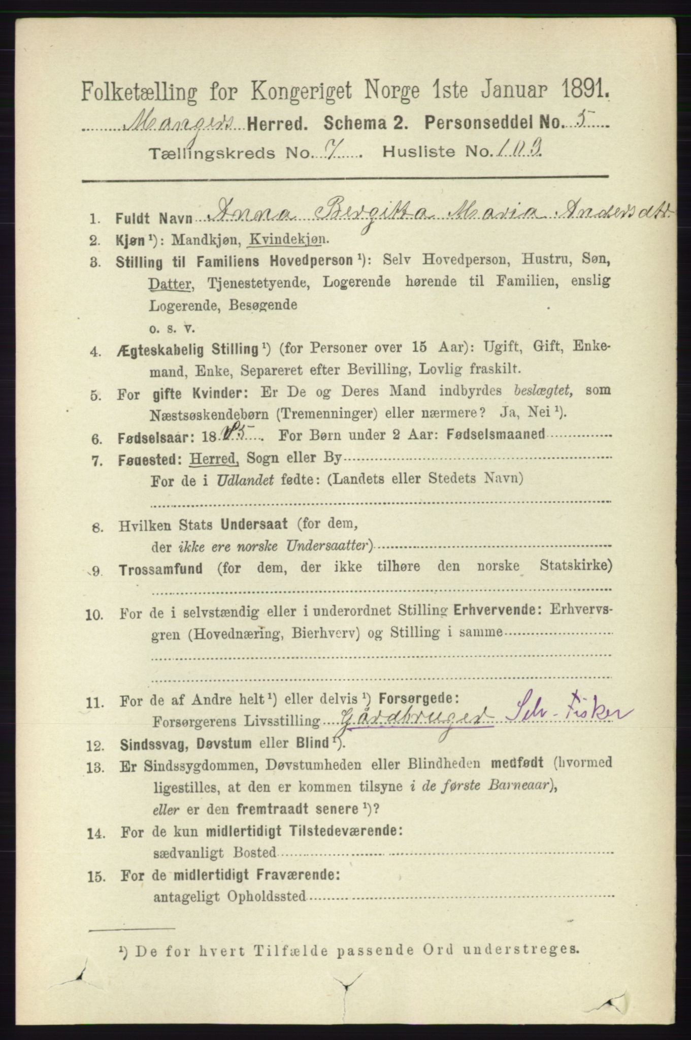 RA, 1891 census for 1261 Manger, 1891, p. 5003