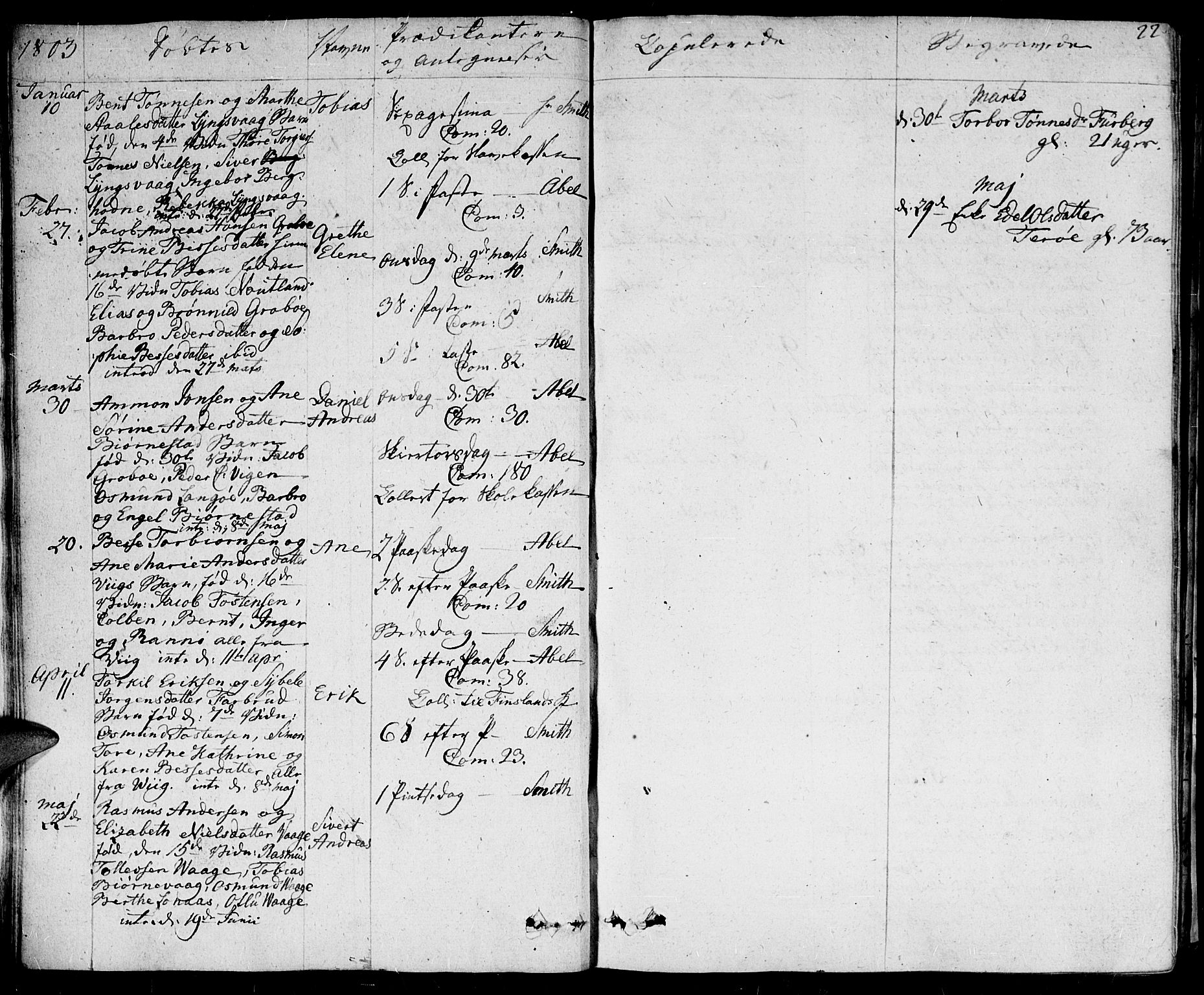 Herad sokneprestkontor, SAK/1111-0018/F/Fa/Fab/L0001: Parish register (official) no. A 1, 1797-1839, p. 22