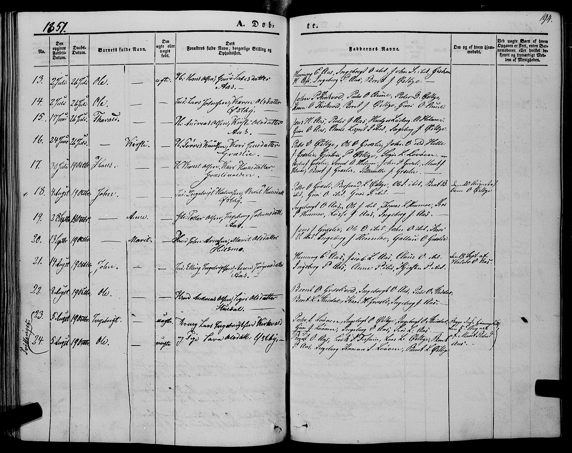 Ministerialprotokoller, klokkerbøker og fødselsregistre - Sør-Trøndelag, SAT/A-1456/695/L1146: Parish register (official) no. 695A06 /2, 1843-1859, p. 194