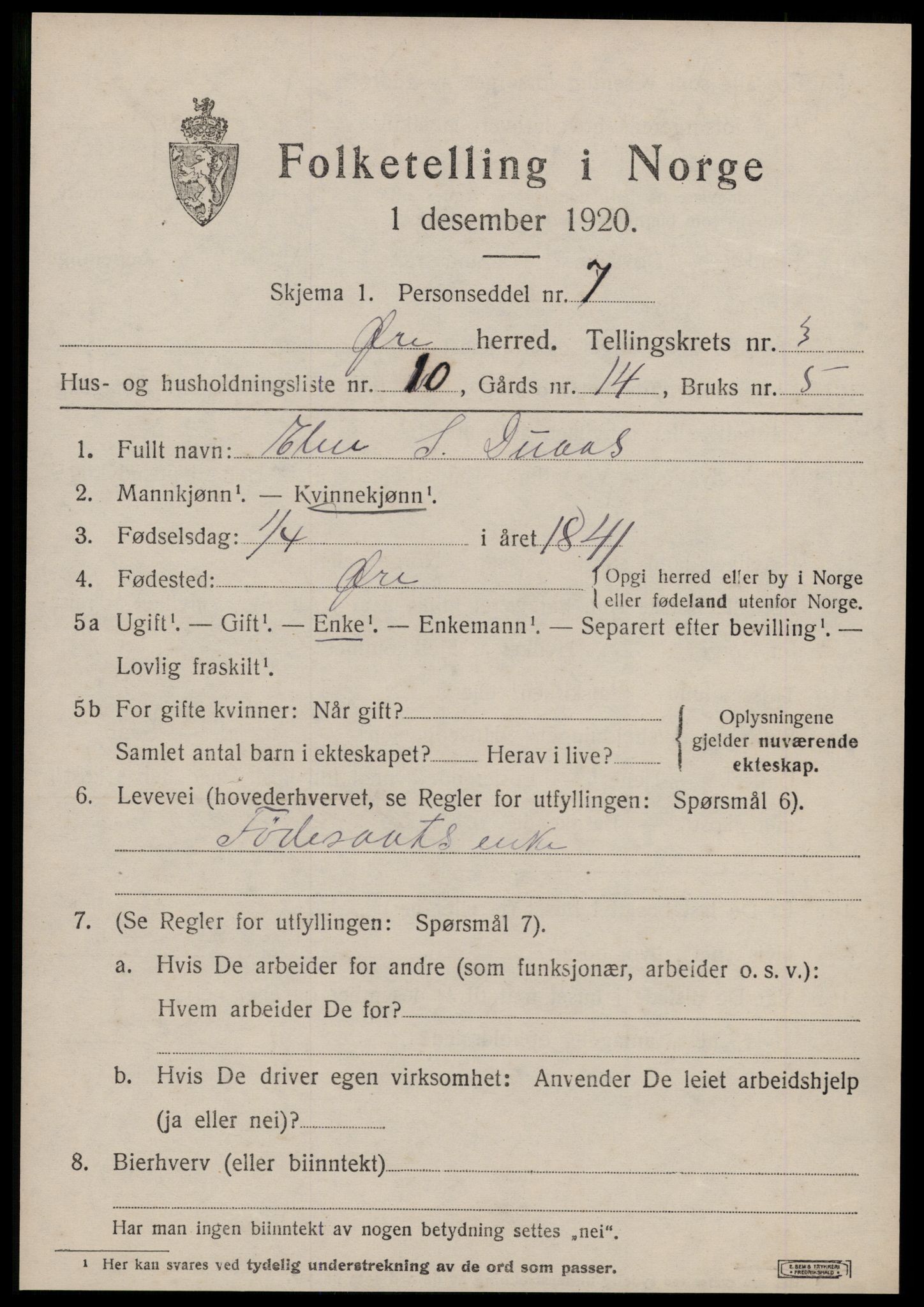 SAT, 1920 census for Øre, 1920, p. 1707