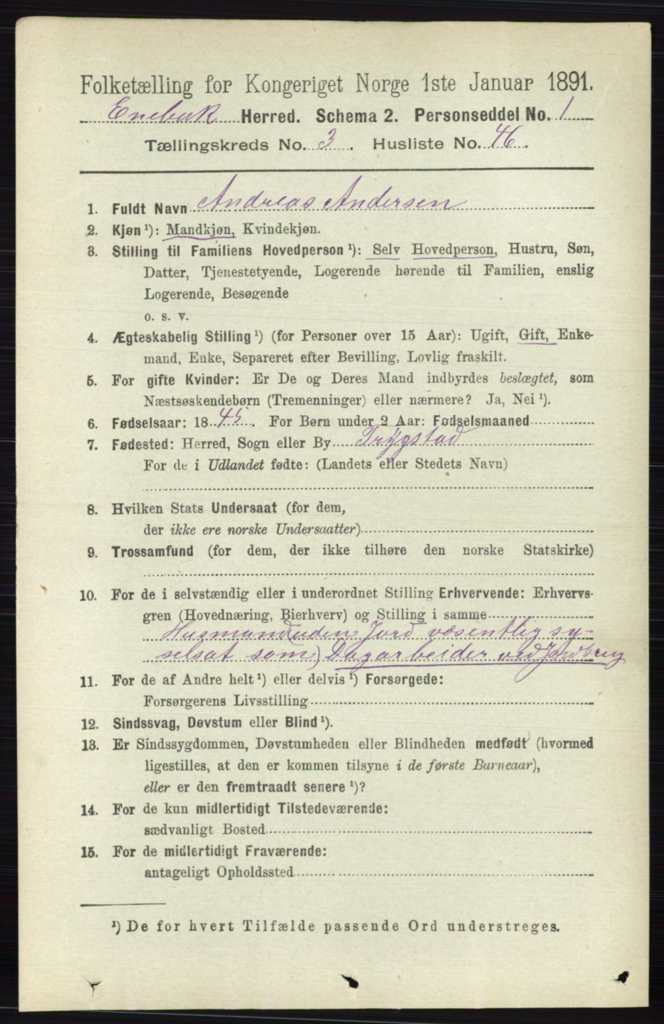 RA, 1891 census for 0229 Enebakk, 1891, p. 1406