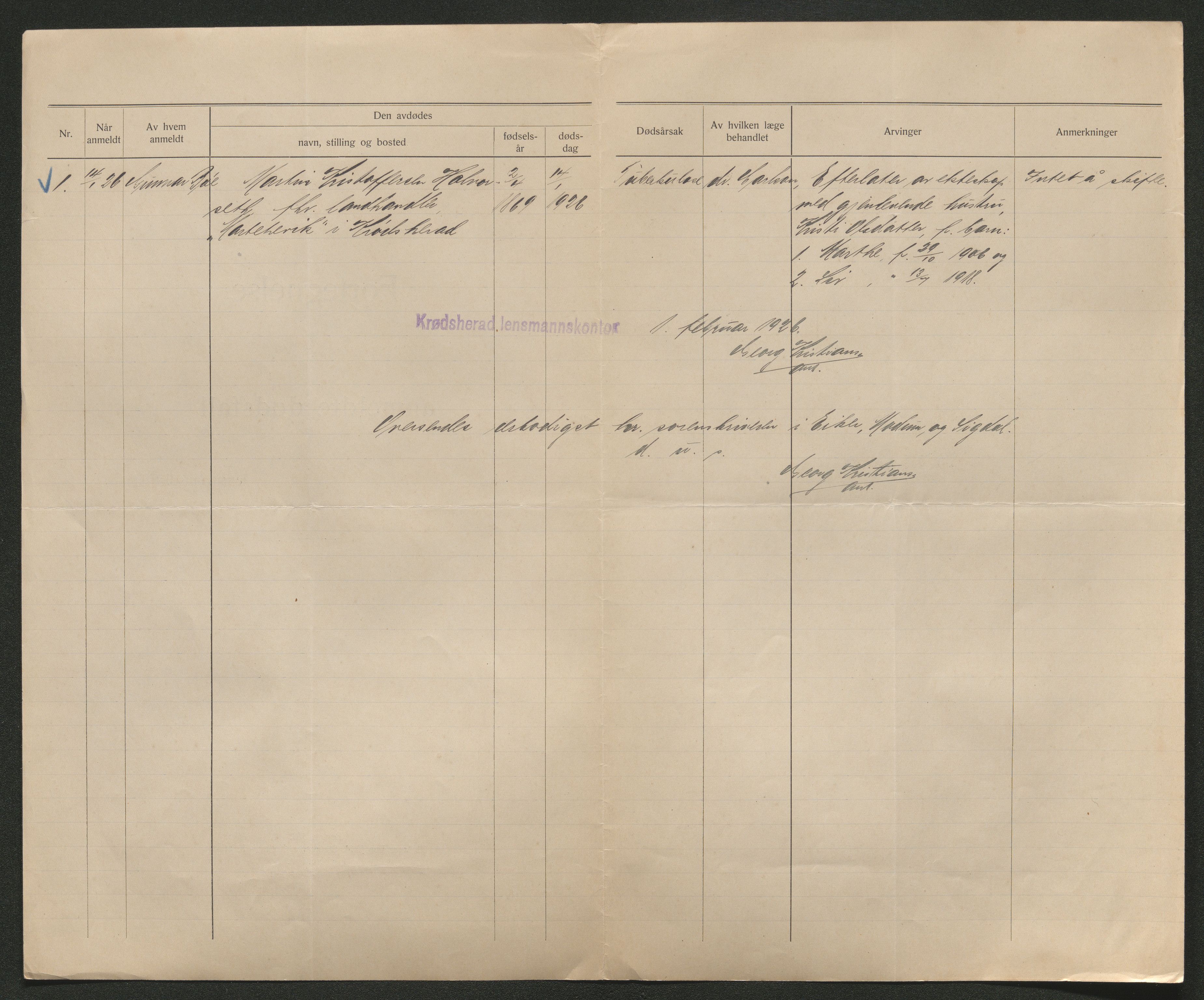 Eiker, Modum og Sigdal sorenskriveri, AV/SAKO-A-123/H/Ha/Hab/L0044: Dødsfallsmeldinger, 1926-1927, p. 20