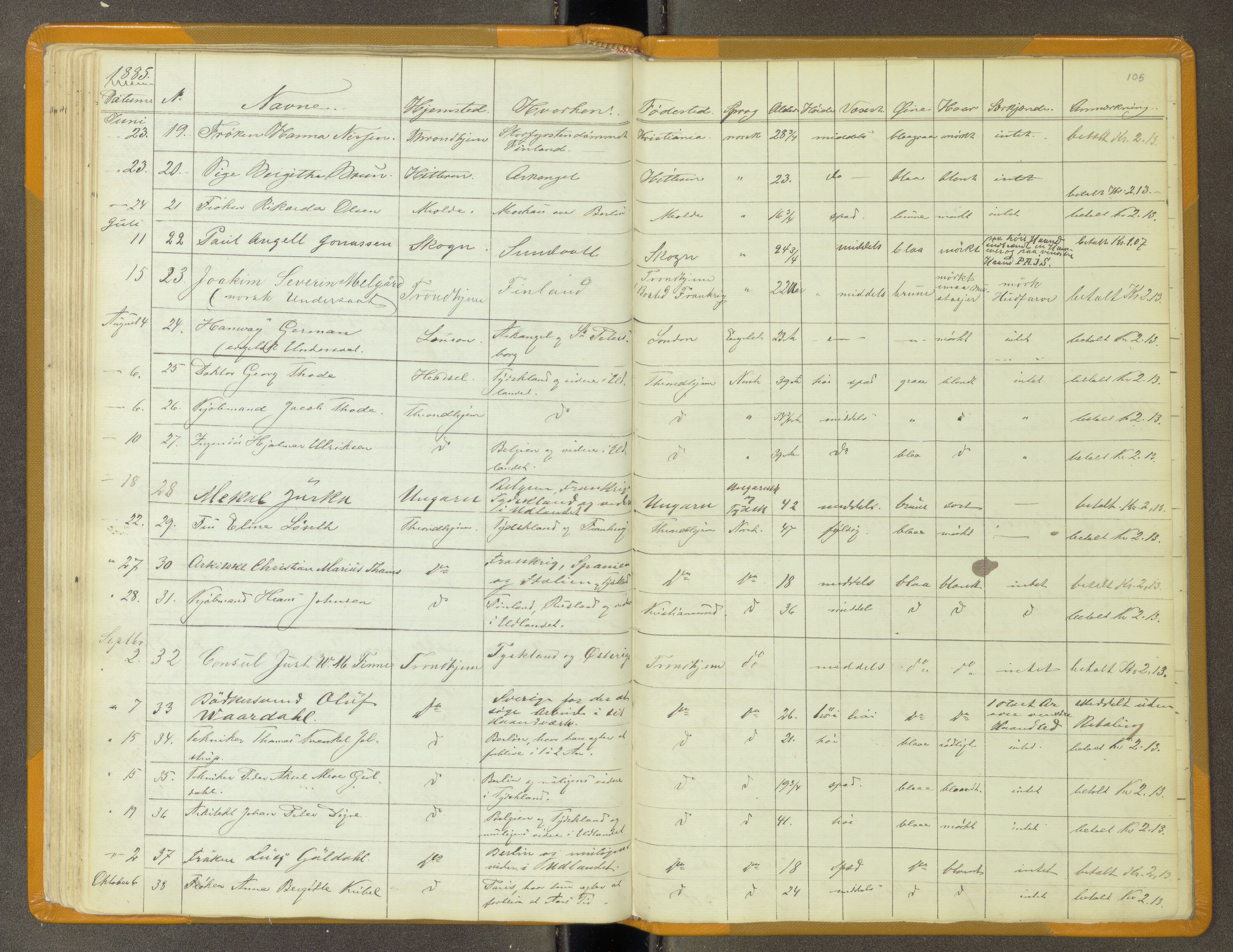 Trondheim politikammer, AV/SAT-A-1887/1/30/L0011: Passprotokoll. Utstedte pass 1855-1890. Utstede og forviste handelsbrev 1857-1860, 1855-1890, p. 104b-105a