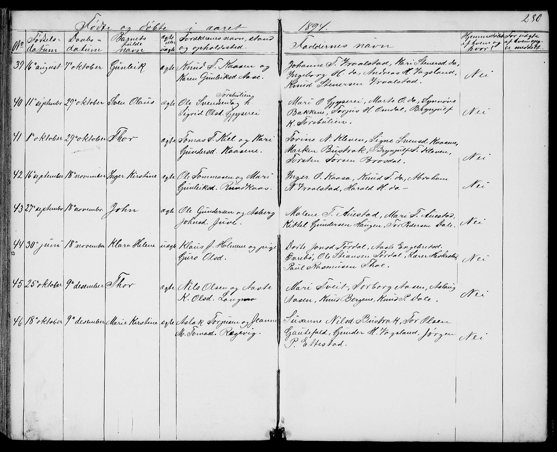 Drangedal kirkebøker, SAKO/A-258/G/Gb/L0001: Parish register (copy) no. II 1, 1856-1894, p. 280