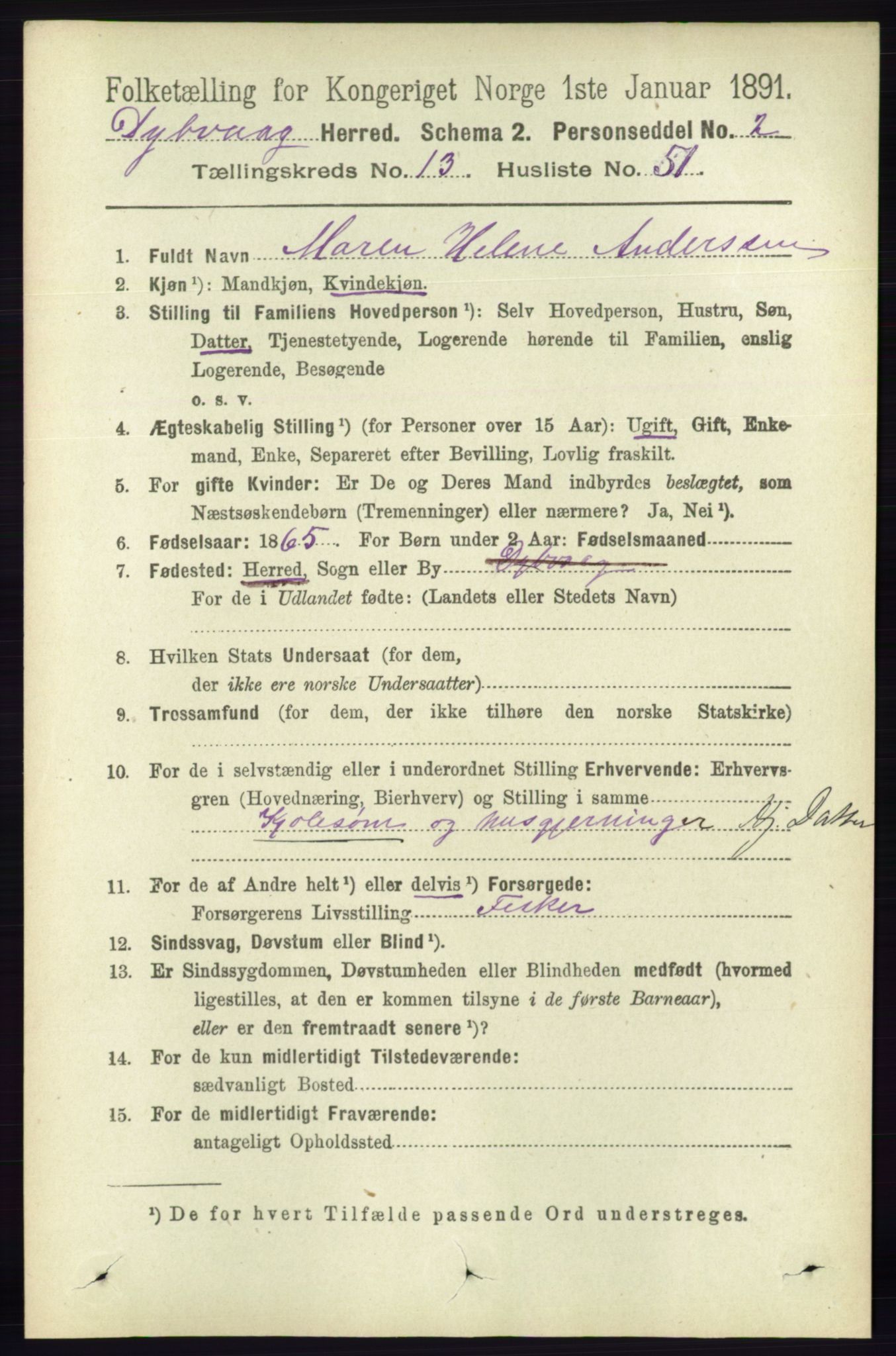 RA, 1891 census for 0915 Dypvåg, 1891, p. 5599