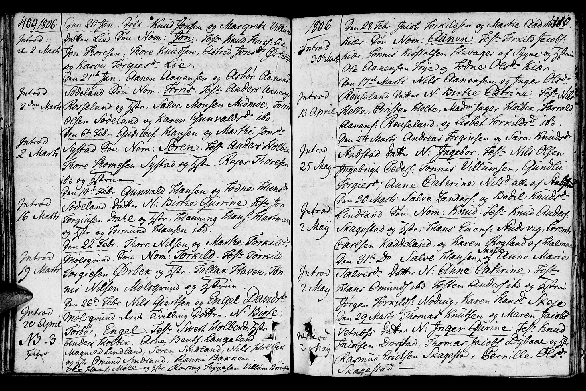Holum sokneprestkontor, AV/SAK-1111-0022/F/Fa/Faa/L0003: Parish register (official) no. A 3, 1780-1821, p. 409-410