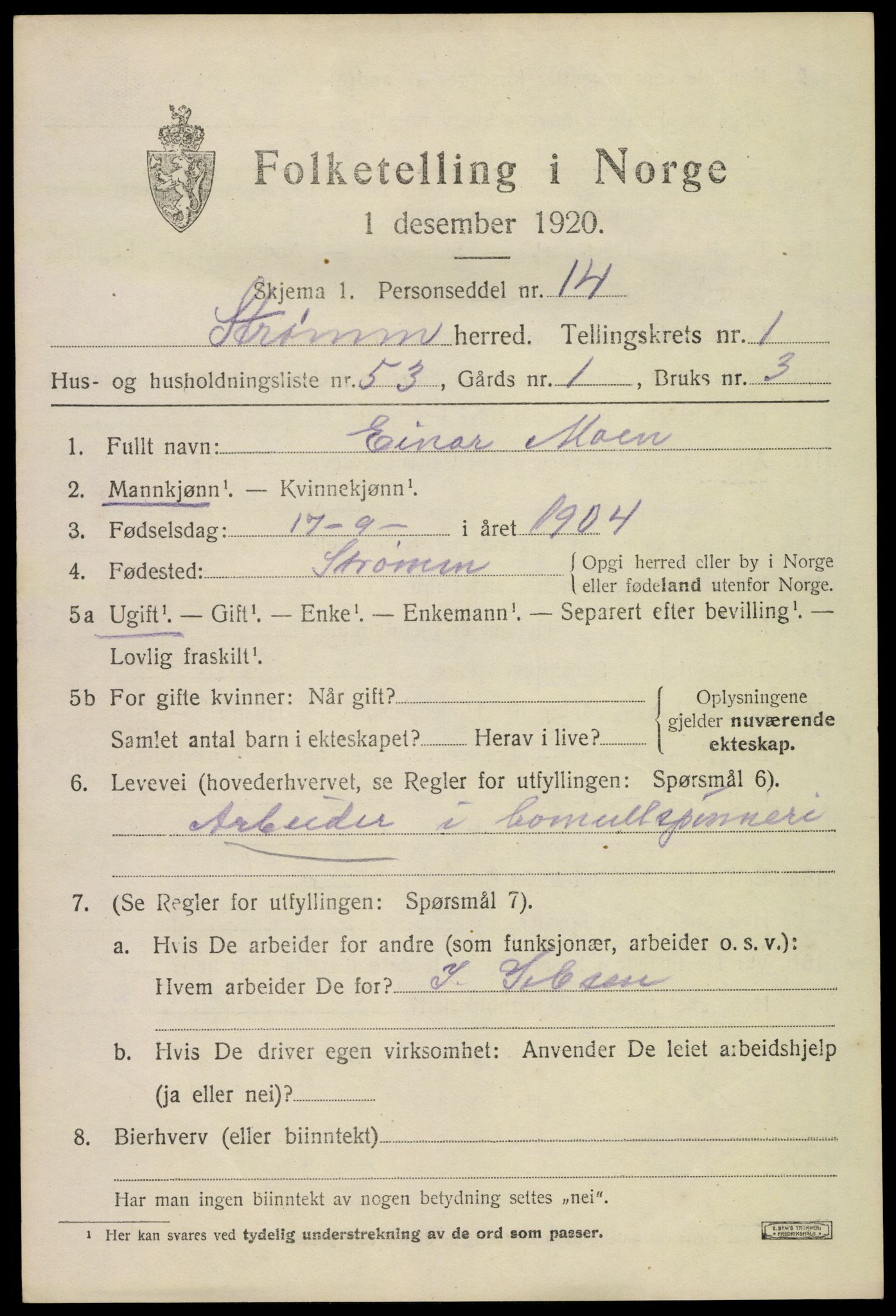 SAKO, 1920 census for Strømm, 1920, p. 1467