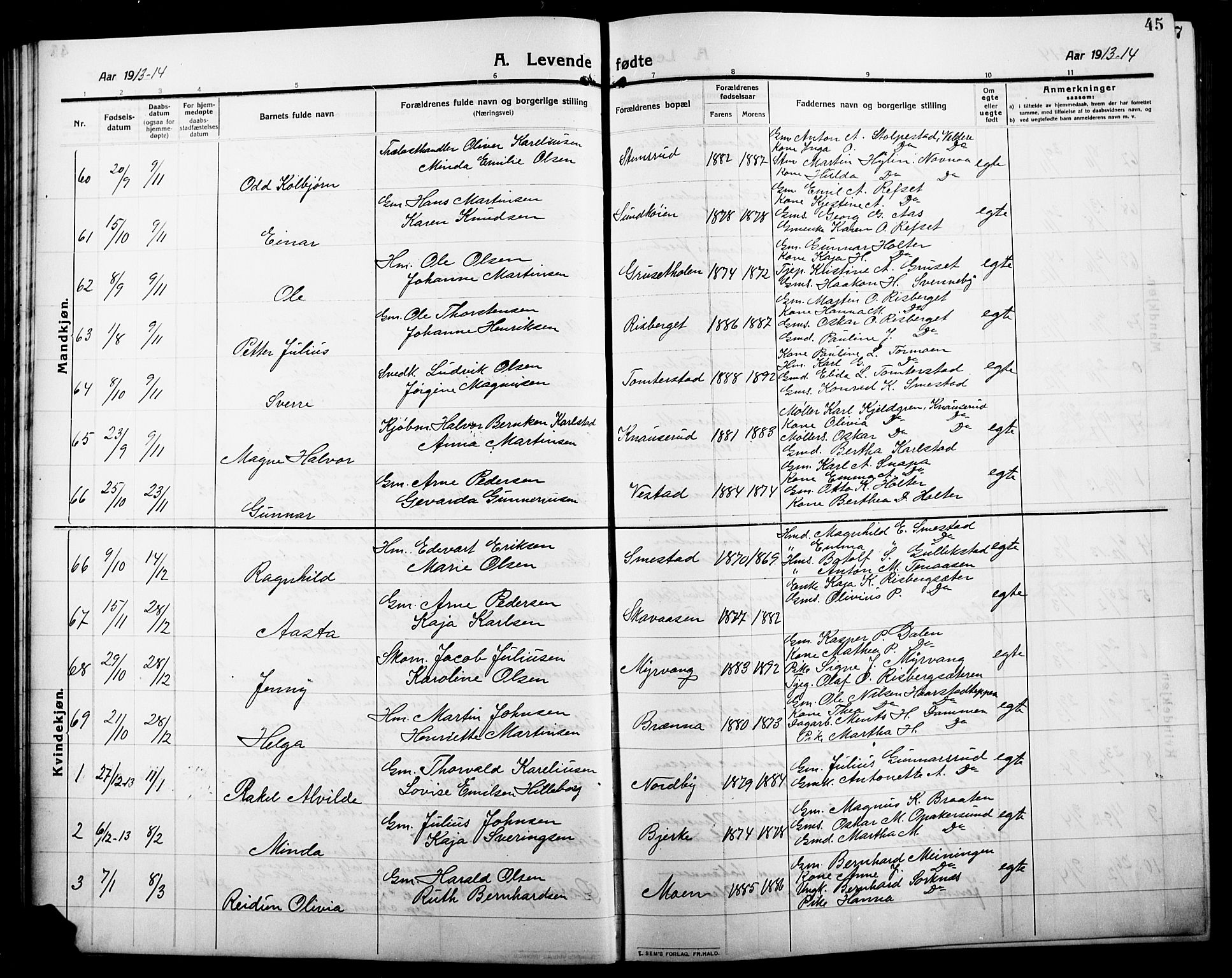 Grue prestekontor, SAH/PREST-036/H/Ha/Hab/L0007: Parish register (copy) no. 7, 1910-1920, p. 45