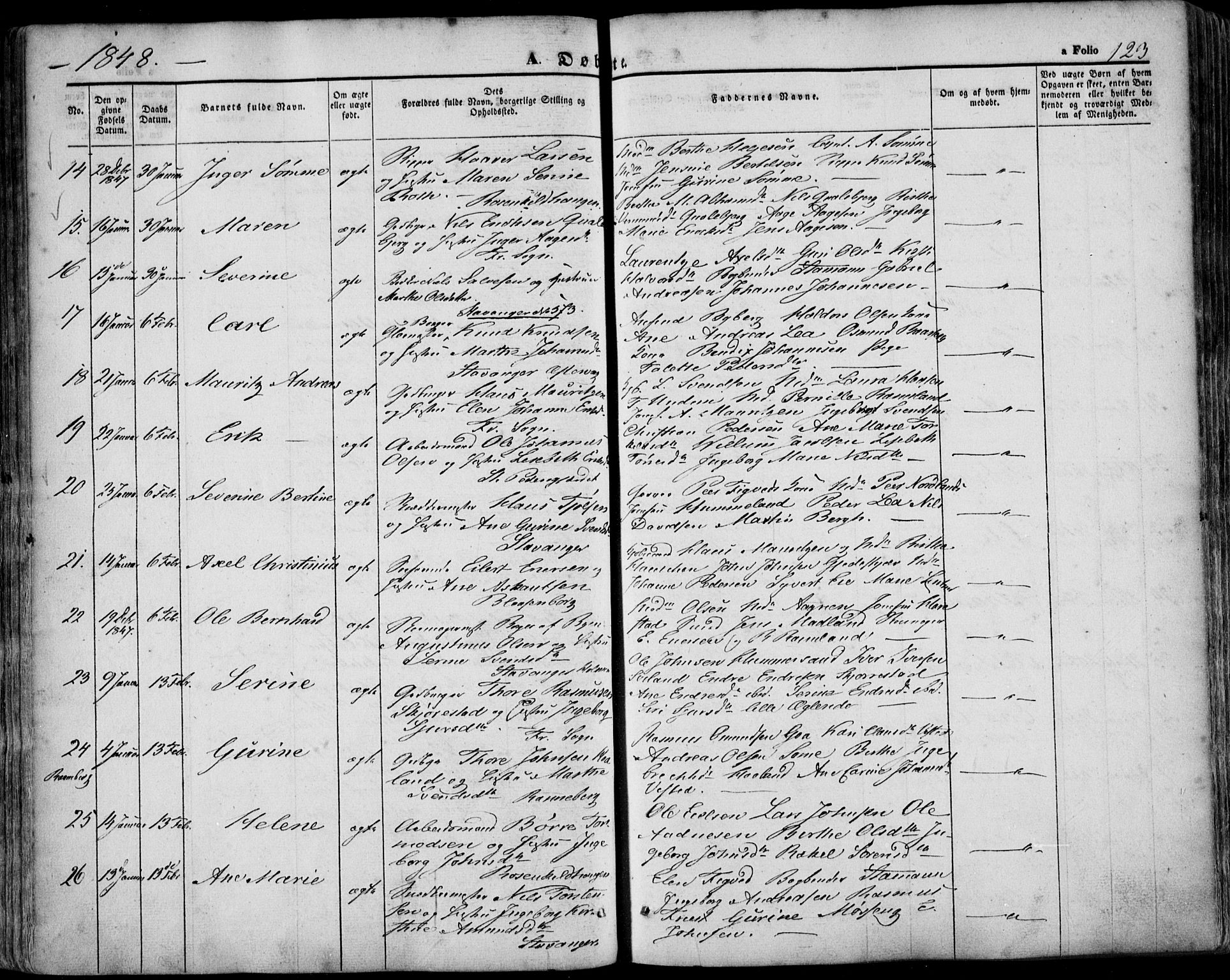 Domkirken sokneprestkontor, AV/SAST-A-101812/001/30/30BA/L0016: Parish register (official) no. A 15, 1844-1854, p. 123