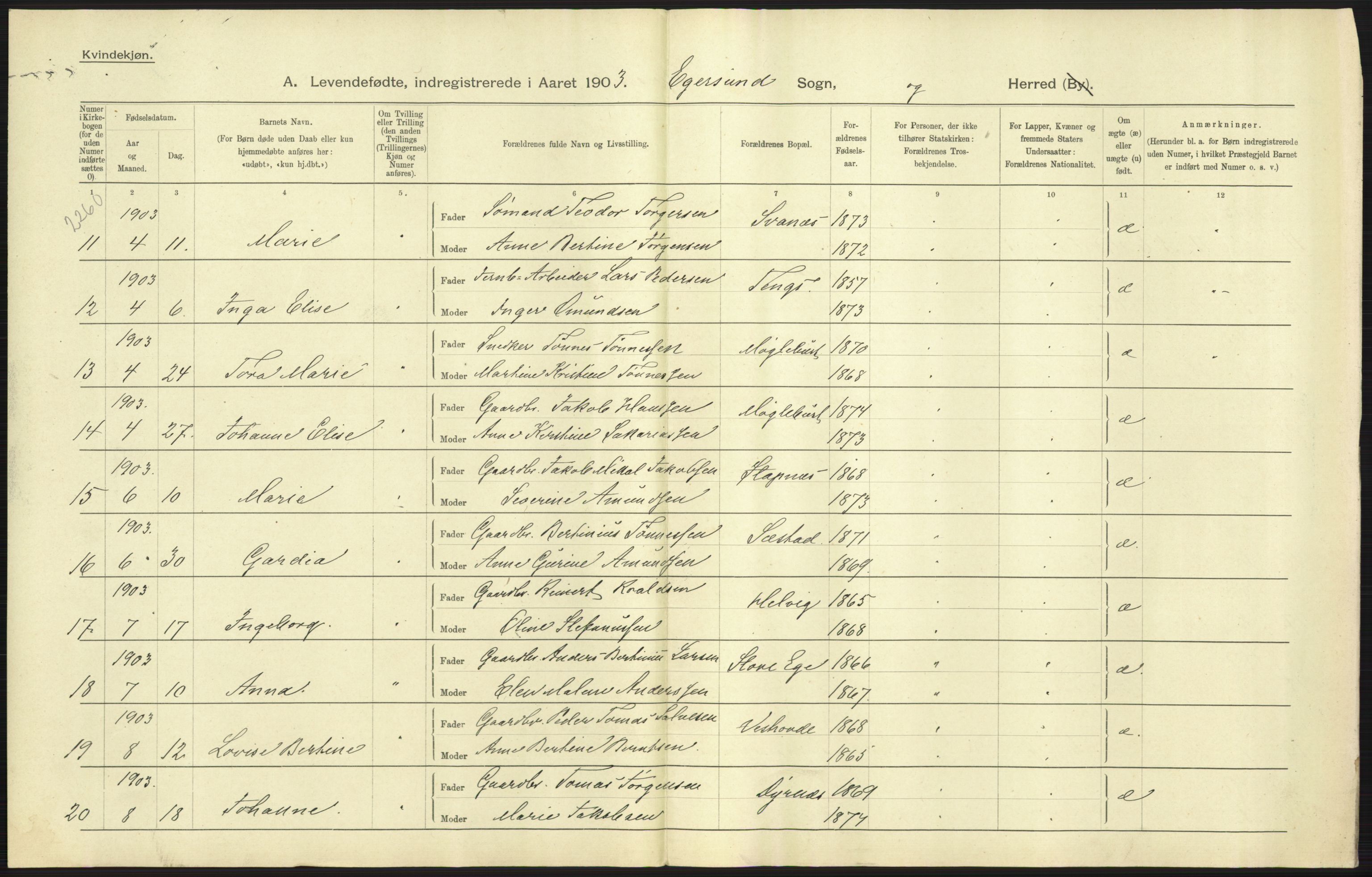 Statistisk sentralbyrå, Sosiodemografiske emner, Befolkning, AV/RA-S-2228/D/Df/Dfa/Dfaa/L0012: Stavanger amt: Fødte, gifte, døde, 1903, p. 63