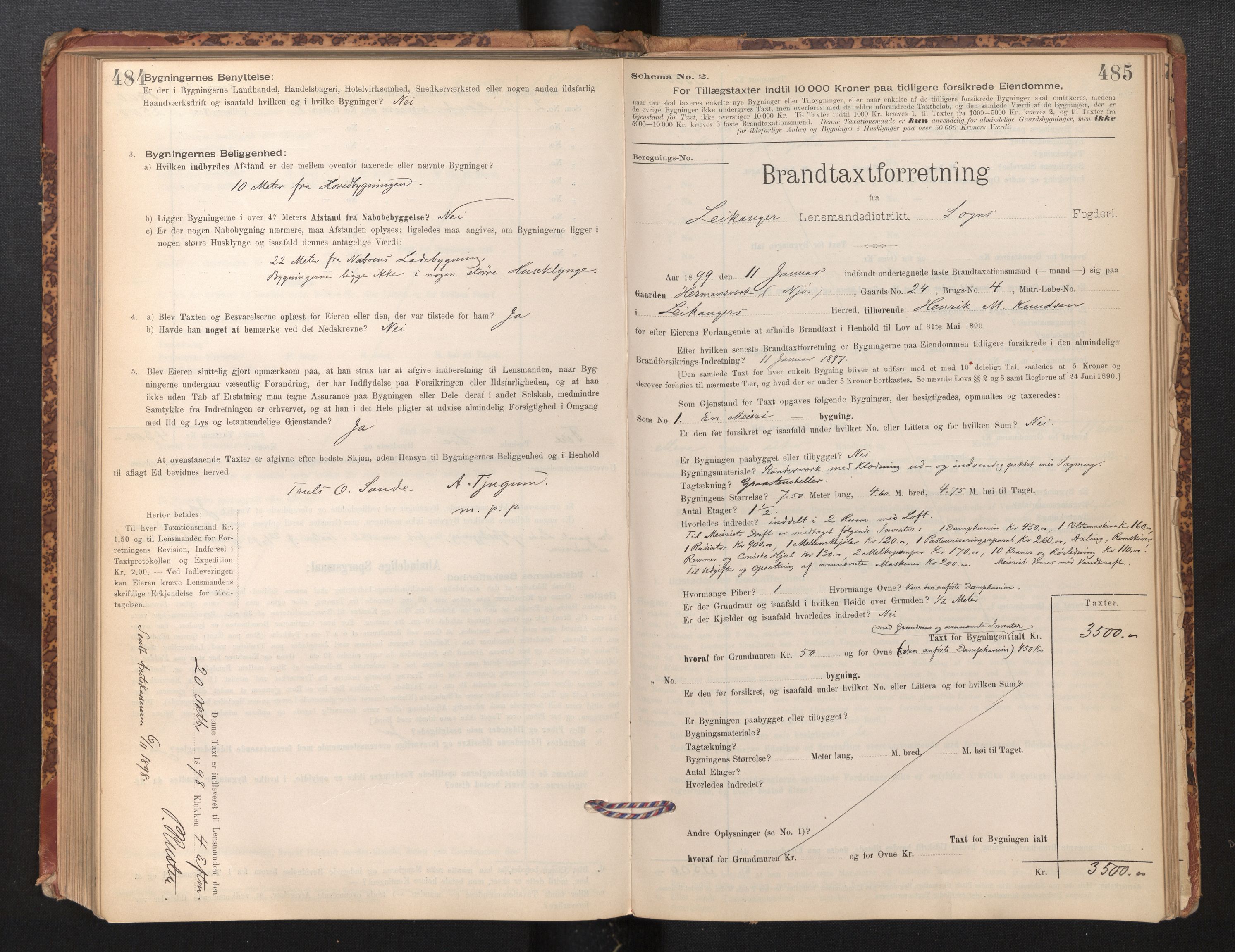 Lensmannen i Leikanger, SAB/A-29201/0012/L0004: Branntakstprotokoll, skjematakst, 1894-1903, p. 484-485