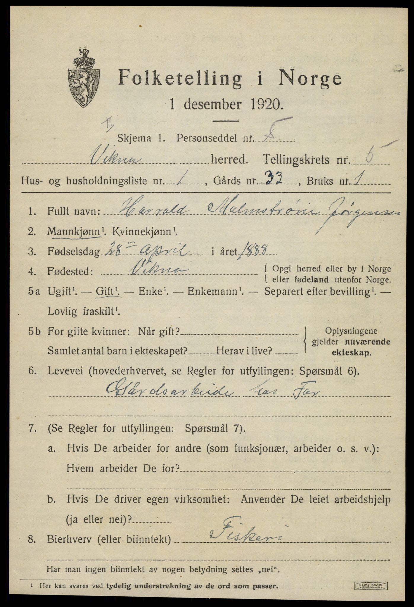 SAT, 1920 census for Vikna, 1920, p. 4627