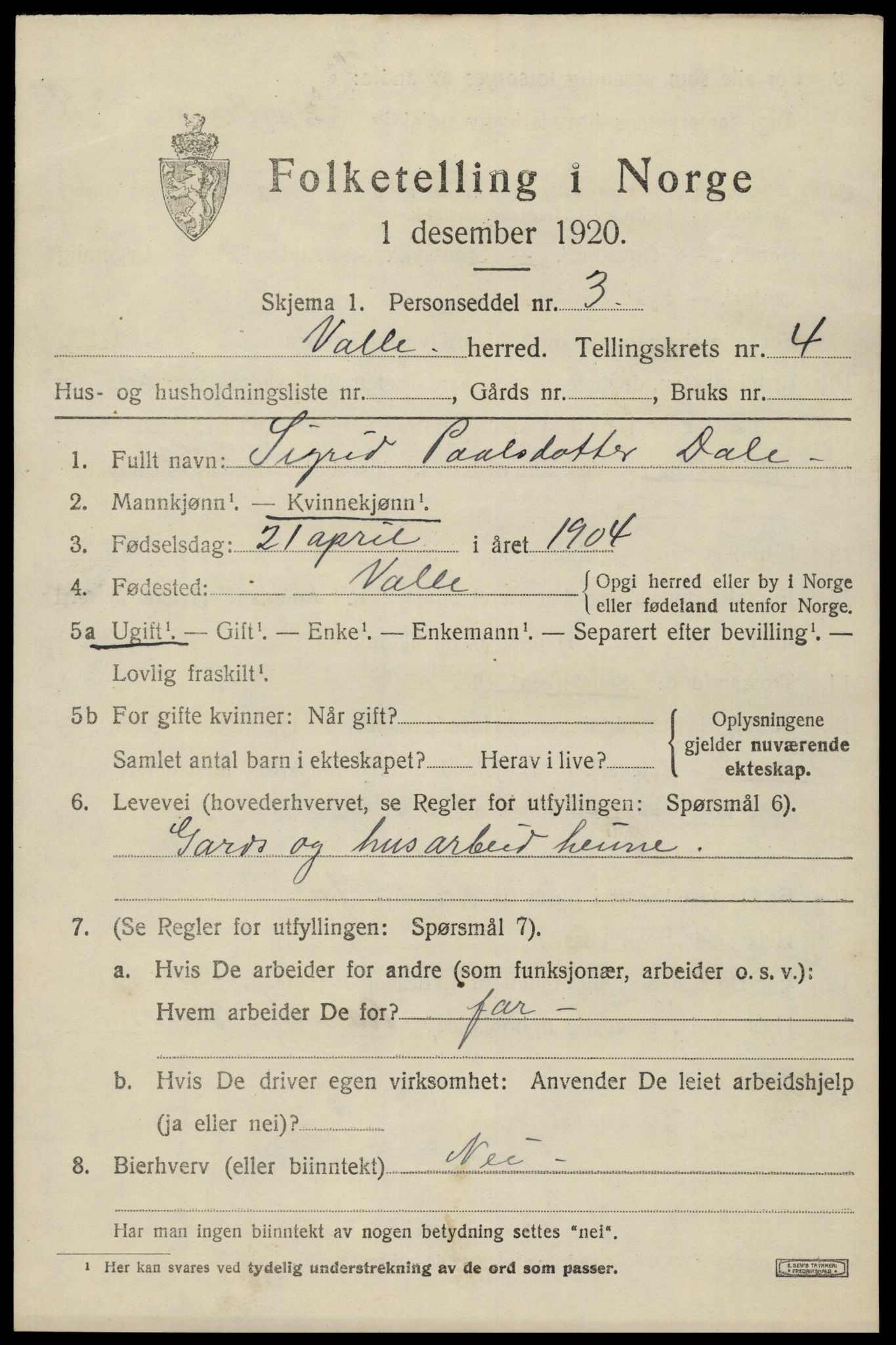 SAK, 1920 census for Valle, 1920, p. 2013