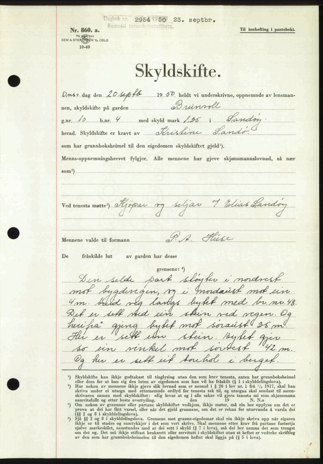 Romsdal sorenskriveri, AV/SAT-A-4149/1/2/2C: Mortgage book no. A34, 1950-1950, Diary no: : 2954/1950