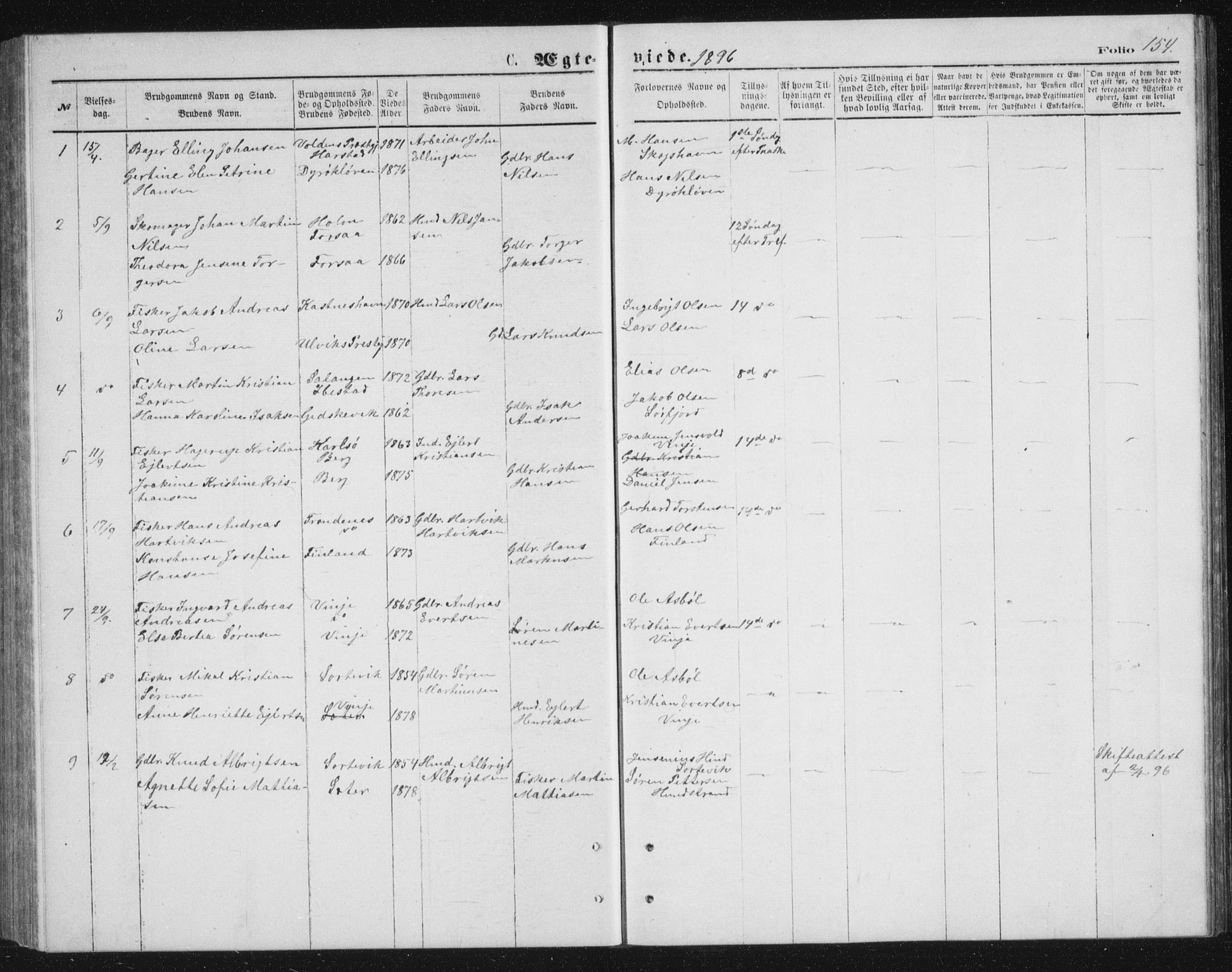 Tranøy sokneprestkontor, AV/SATØ-S-1313/I/Ia/Iab/L0013klokker: Parish register (copy) no. 13, 1874-1896, p. 154